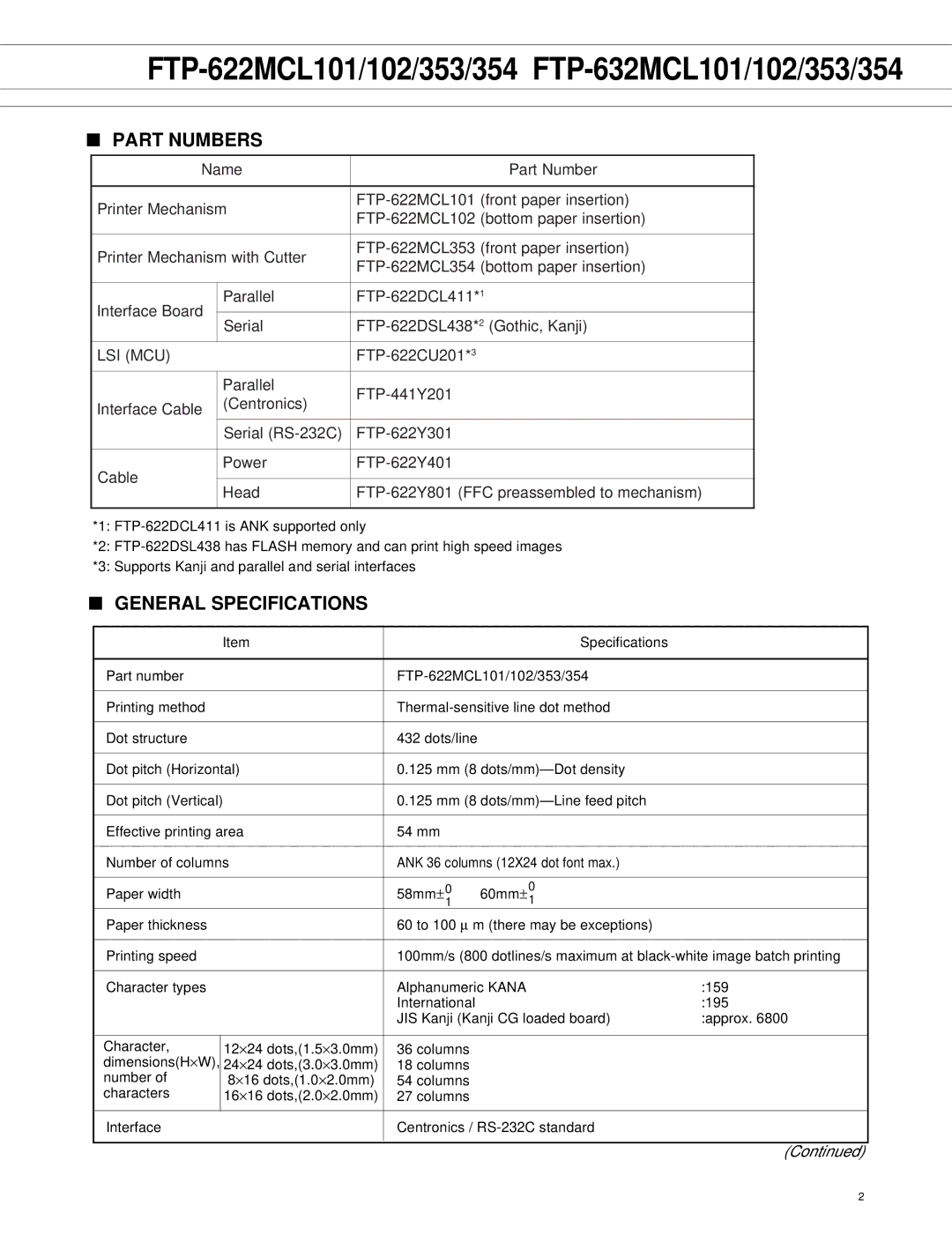 Fujitsu 102, FTP-622MCL101, 353, 354 manual Part Numbers, General Specifications 