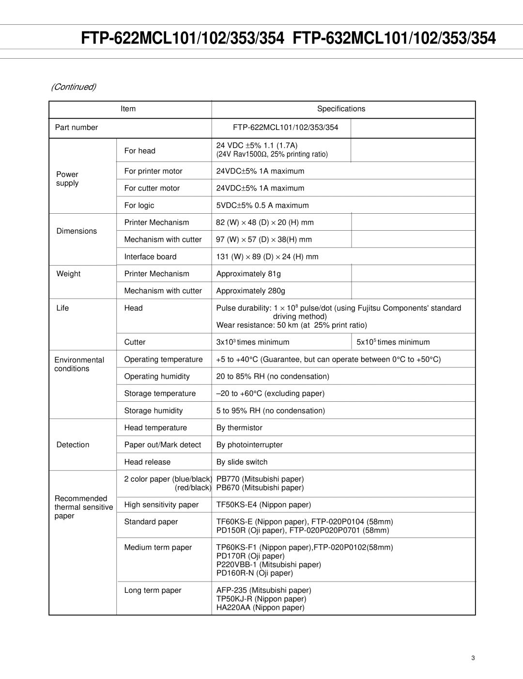 Fujitsu 354, FTP-622MCL101, 353, 102 manual Specifications 