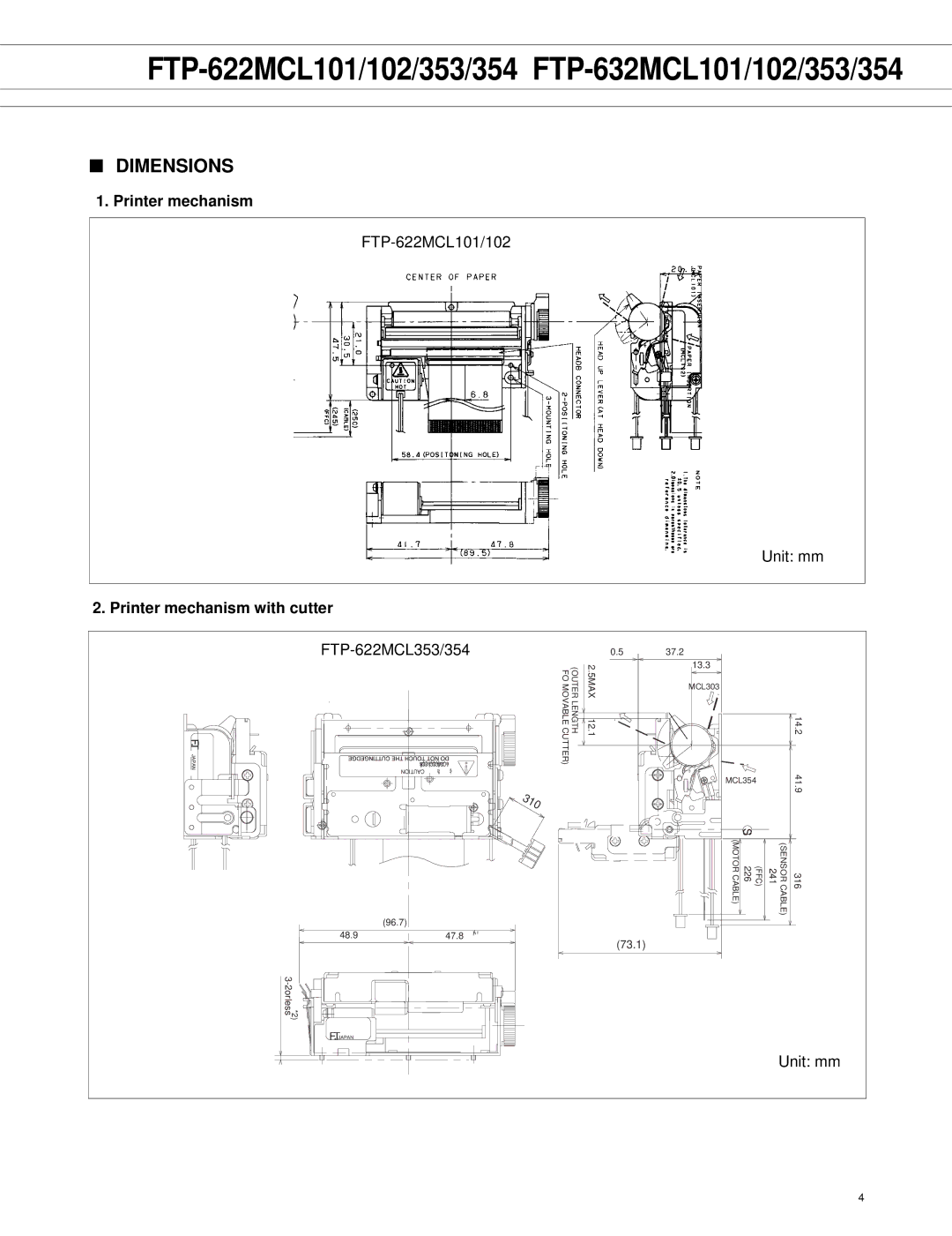 Fujitsu FTP-622MCL101, 353, 102, 354 manual Dimensions, Printer mechanism with cutter 