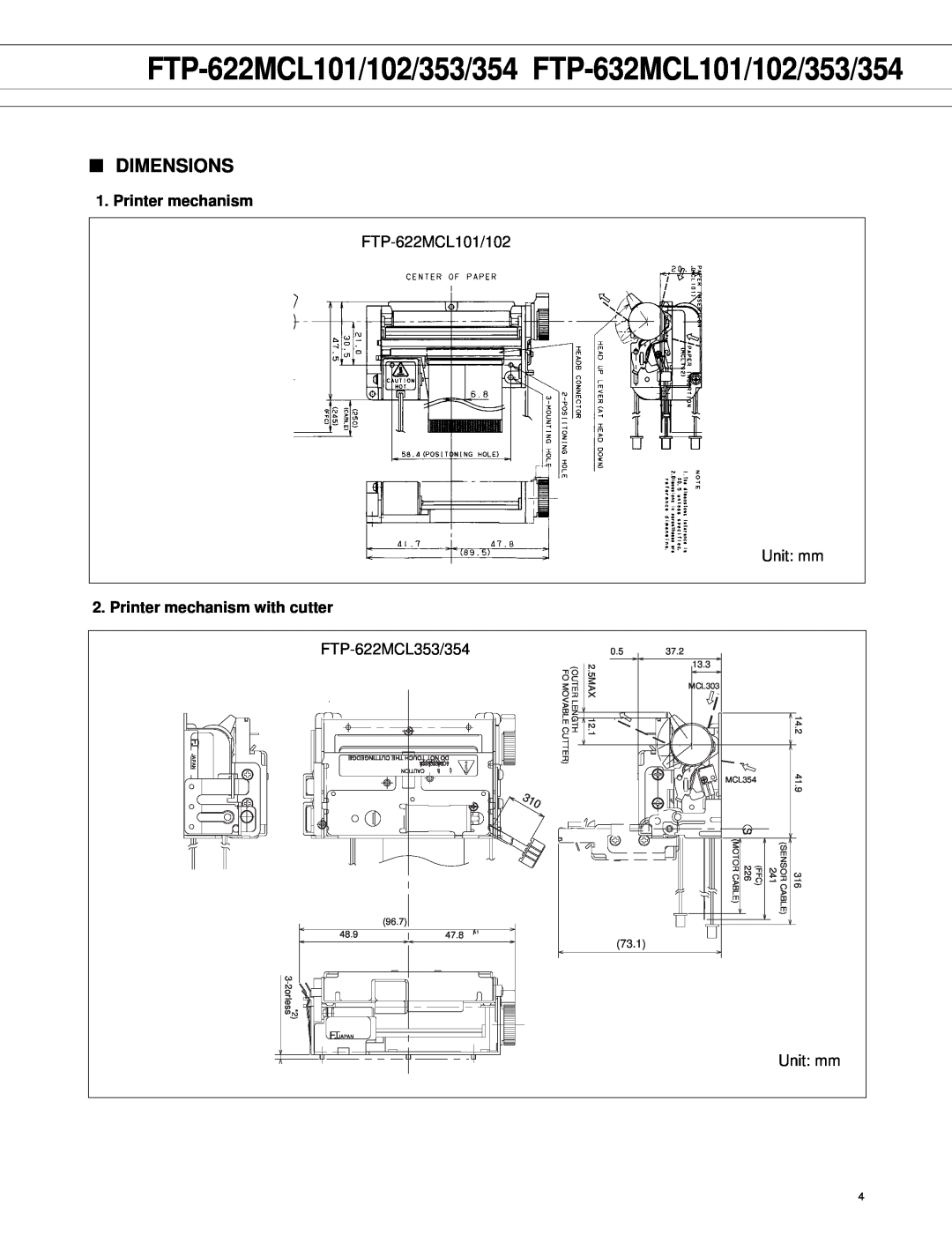Fujitsu manual Dimensions, Printer mechanism with cutter, FTP-622MCL101/102/353/354 FTP-632MCL101/102/353/354, 73.1 