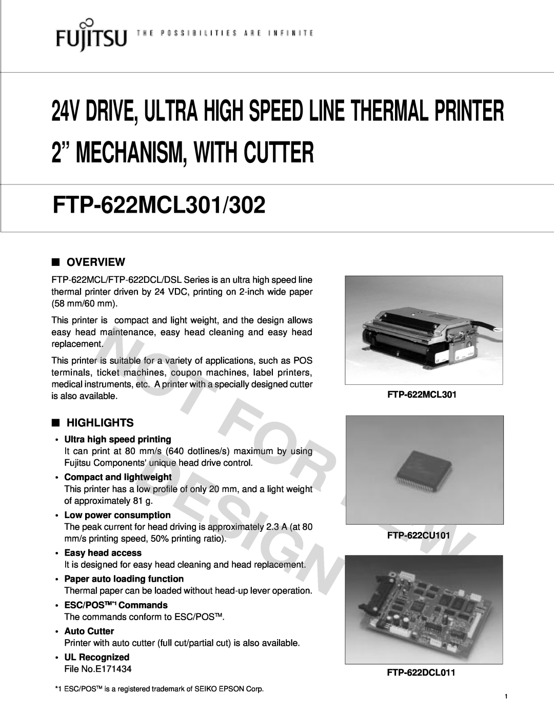 Fujitsu FTP-622MCL302 manual Overview, Highlights, Design, 2” MECHANISM, WITH CUTTER, FTP-622MCL301/302 