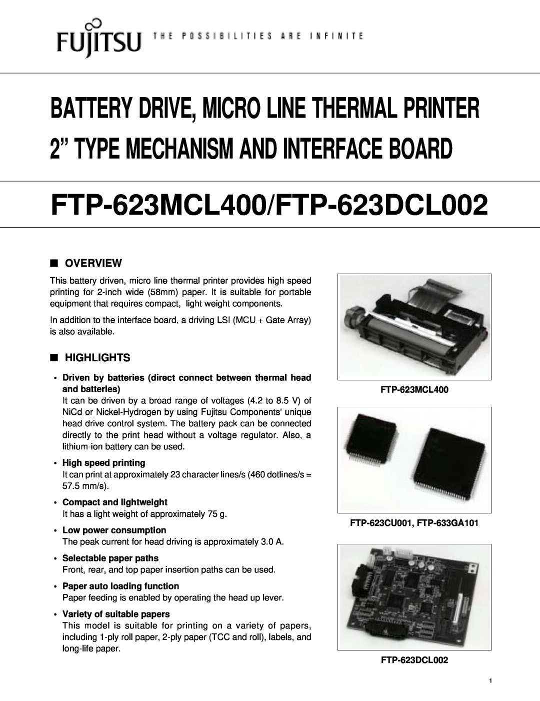 Fujitsu FTP-623DCL002 manual Overview, Highlights, Driven by batteries direct connect between thermal head and batteries 
