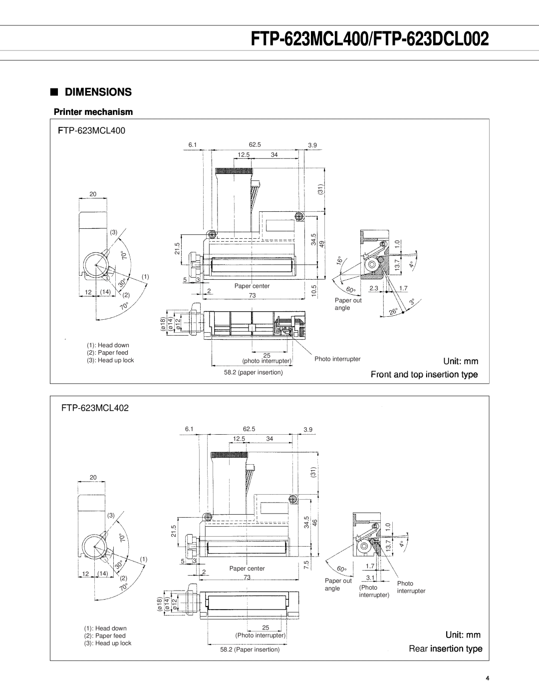 Fujitsu manual Dimensions, Printer mechanism, FTP-623MCL400/FTP-623DCL002 