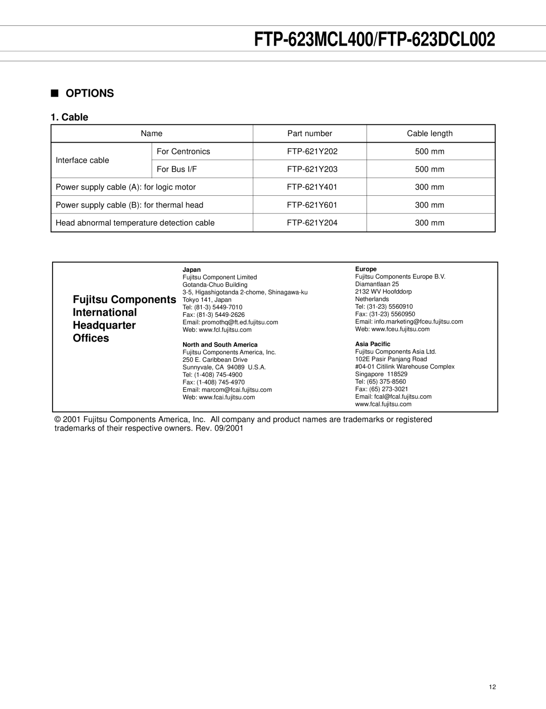 Fujitsu FTP-623MCL400, FTP-623DCL002 manual Options, Cable 