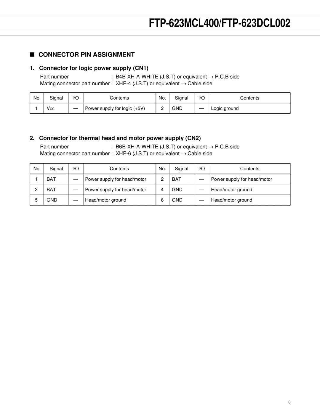 Fujitsu FTP-623MCL400, FTP-623DCL002 manual Connector PIN Assignment, Connector for logic power supply CN1 