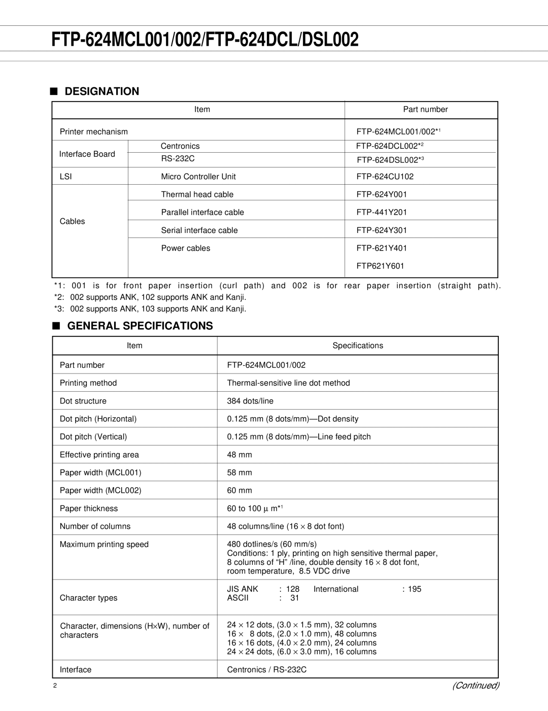 Fujitsu FTP-624DCL002, FTP-624MCL001, FTP-624DCL/DSL, FTP-624DSL002, FTP-624MCL002 manual Designation, General Specifications 