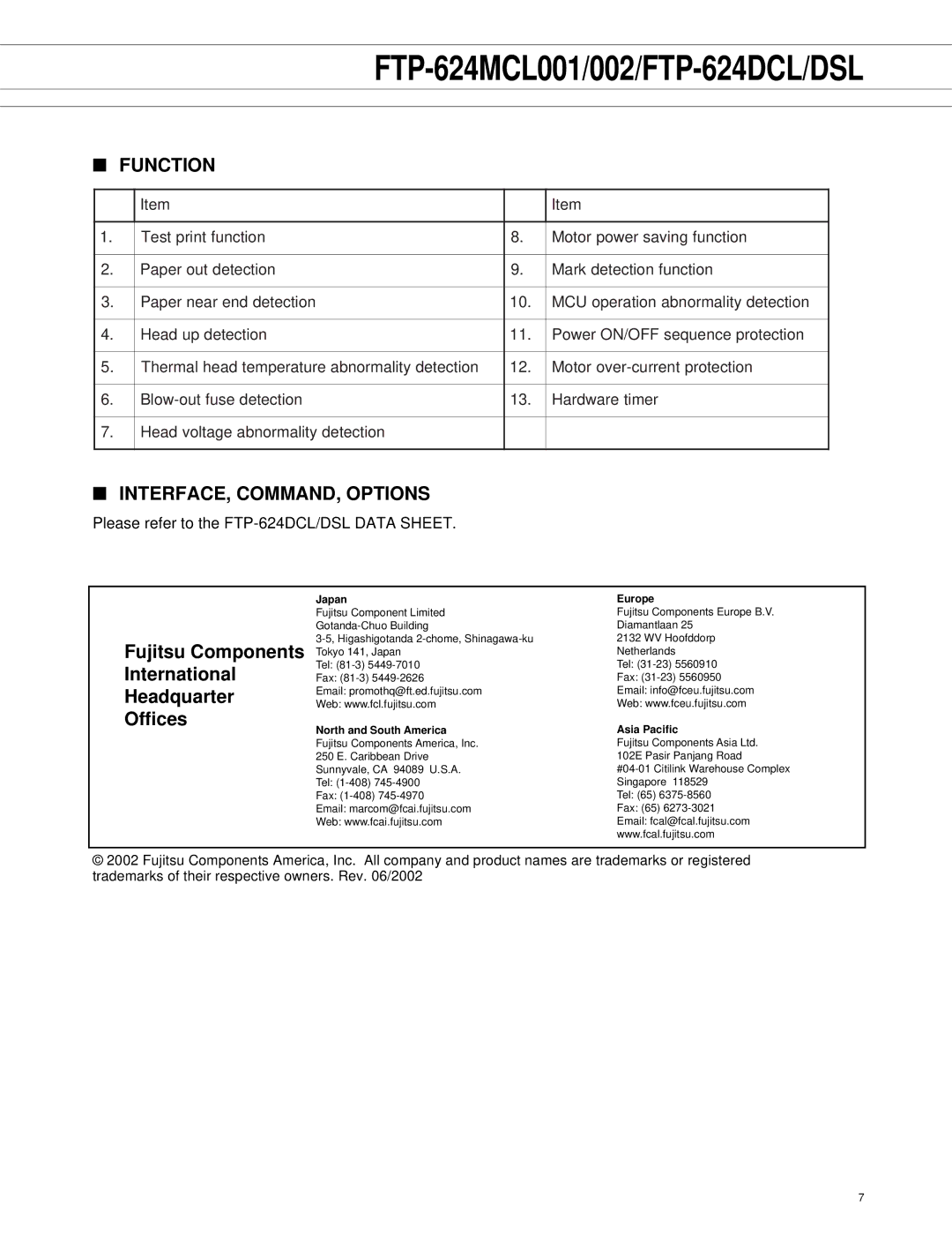 Fujitsu FTP-624MCL001, FTP-624DCL/DSL, FTP-624DCL002, FTP-624DSL002, FTP-624MCL002 Function, INTERFACE, COMMAND, Options 