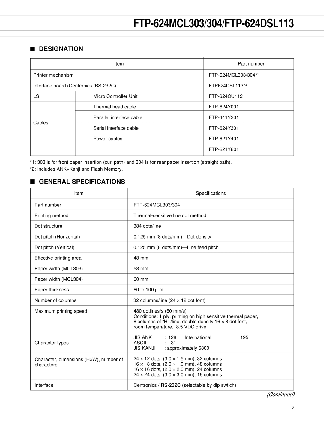 Fujitsu FTP-624DSL113, FTP-624MCL304, FTP-624MCL303 manual Designation, General Specifications 