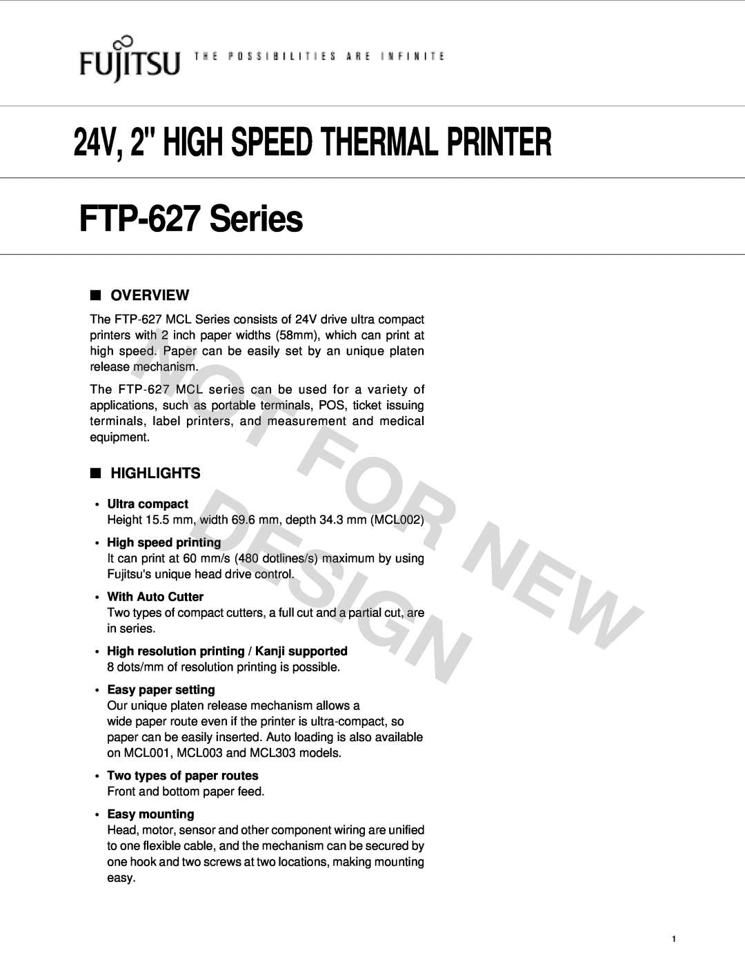Fujitsu FTP-627 Series manual Overview, Highlights, Design, 24V, 2 HIGH SPEED THERMAL PRINTER 