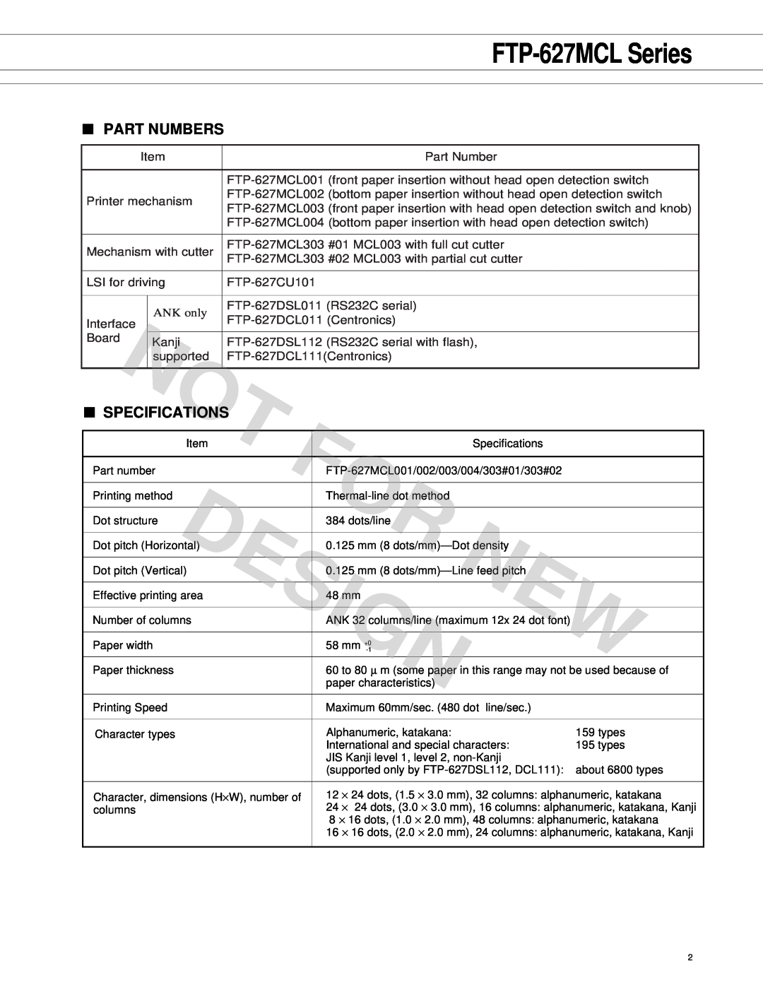 Fujitsu FTP-627 Series manual FTP-627MCL Series, Part Numbers, Specifications, Design 