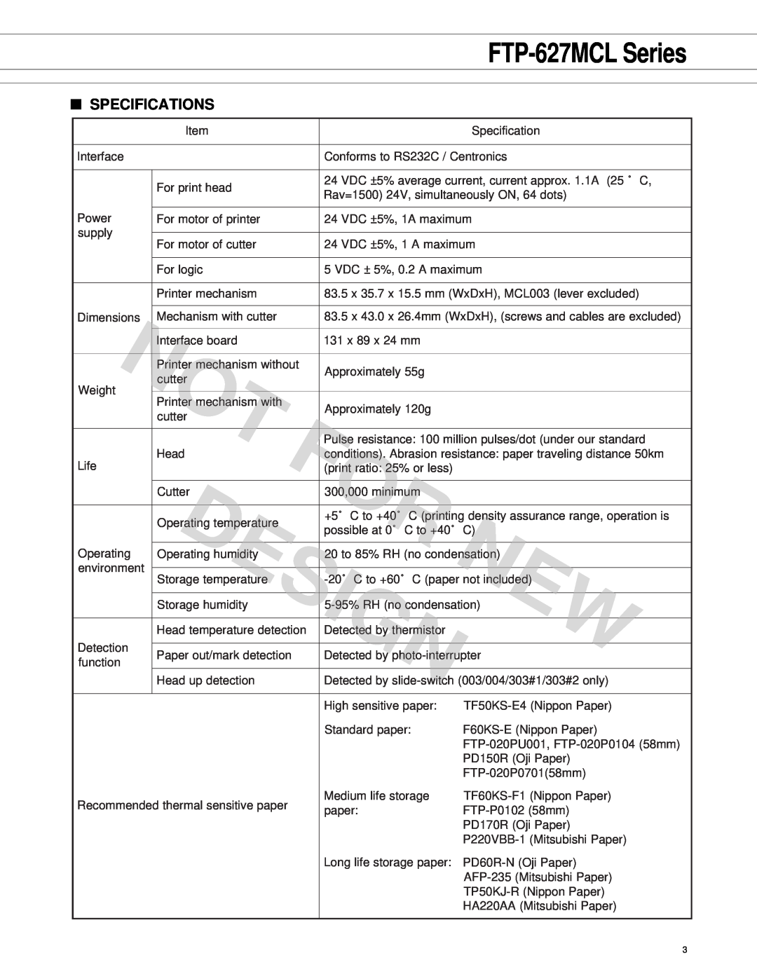 Fujitsu FTP-627 Series manual Design, FTP-627MCL Series, Specifications 