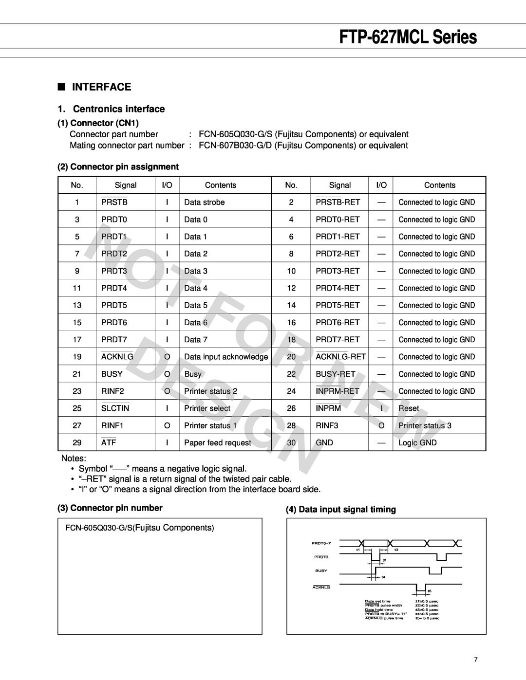 Fujitsu FTP-627 Series manual Interface, Centronics interface, Design, FTP-627MCL Series 