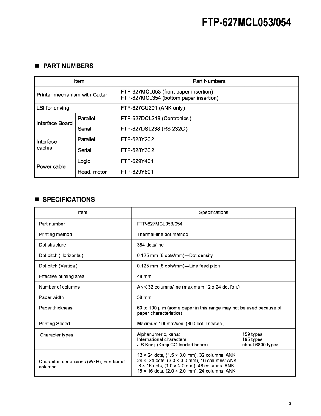 Fujitsu FTP-627MCL054 manual FTP-627MCL053/054, n Part numbers, n SPECIFICATIONS 