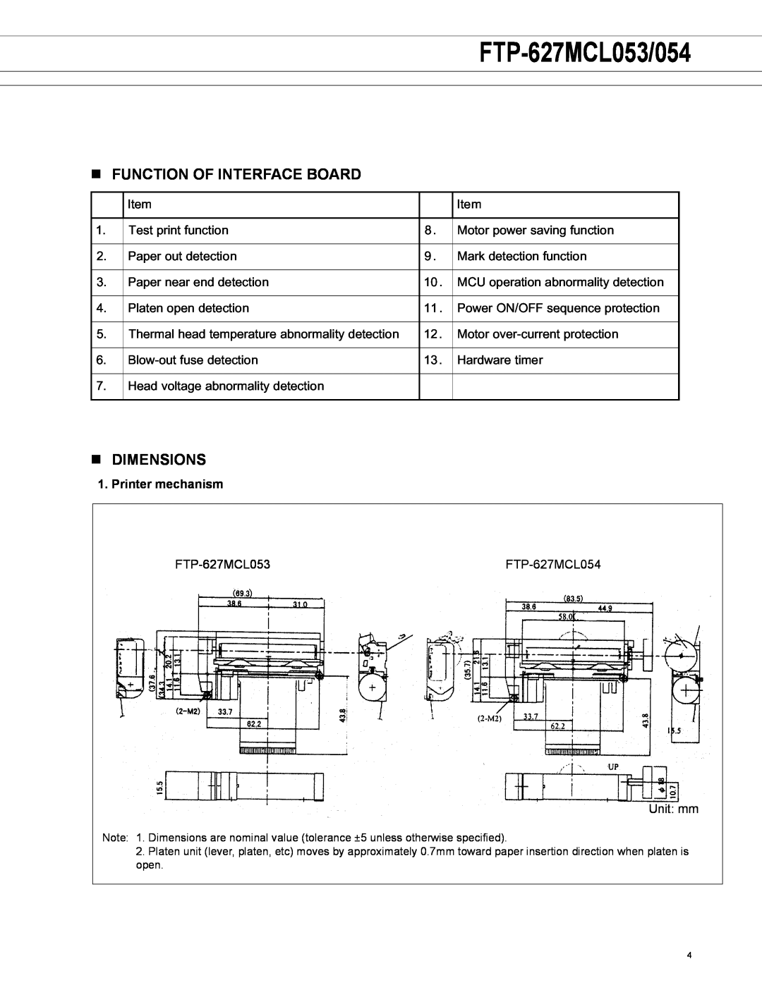 Fujitsu FTP-627MCL054 manual n FUNCTION OF INTERFACE BOARD, n dimensions, Printer mechanism, FTP-627MCL053/054 