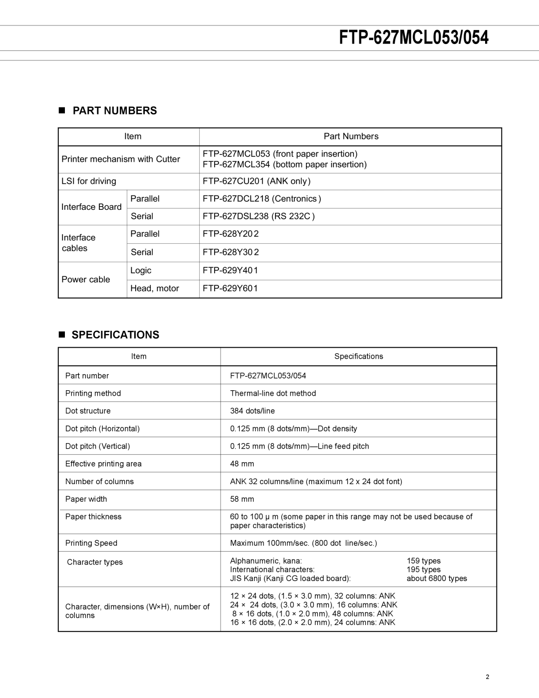 Fujitsu FTP-627MCL053, FTP-627MCL054 manual Part numbers, Specifications 