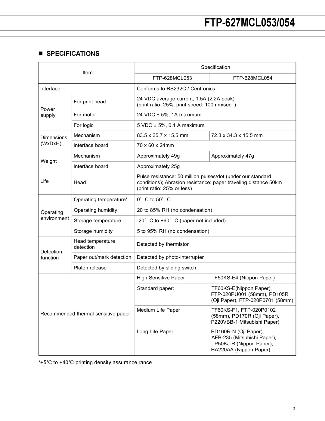 Fujitsu FTP-627MCL054, FTP-627MCL053 manual Specification 