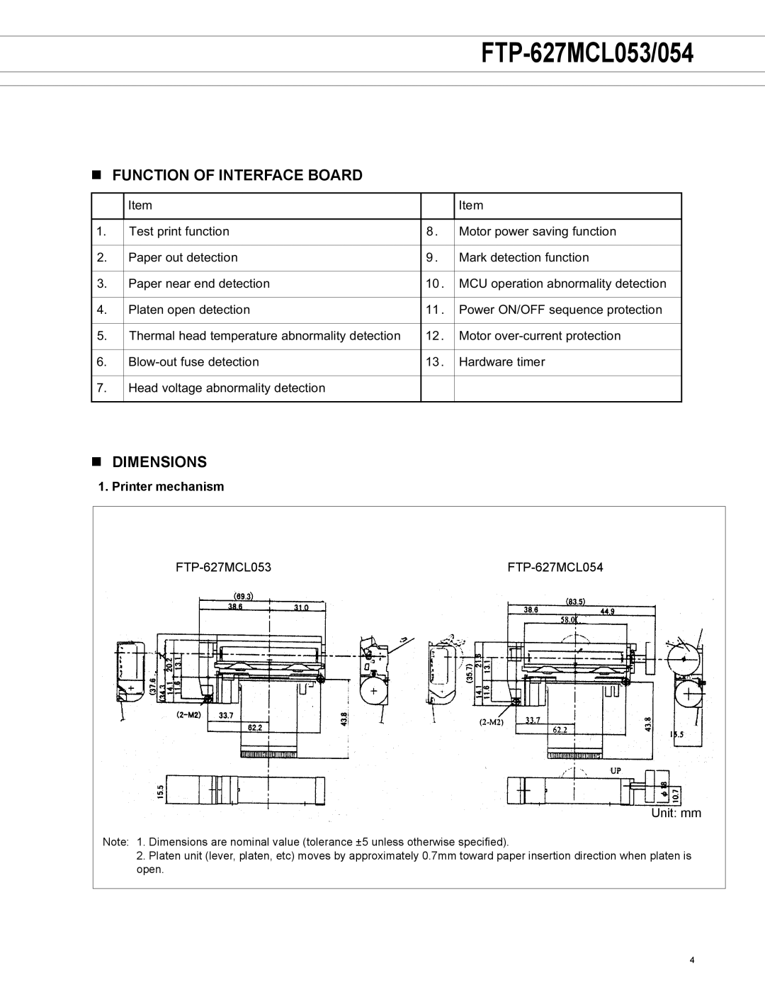 Fujitsu FTP-627MCL053, FTP-627MCL054 manual Function of Interface Board, Dimensions, Printer mechanism 