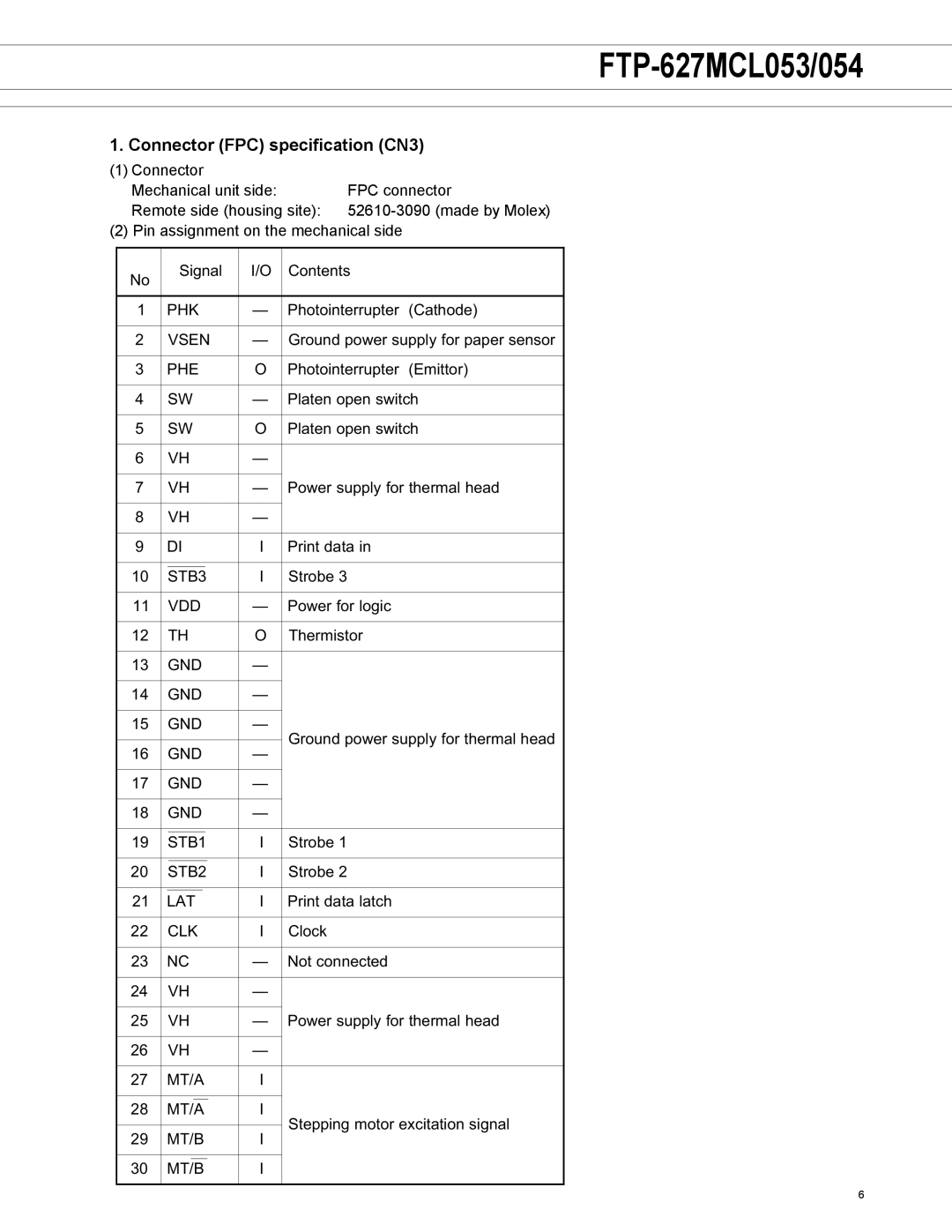 Fujitsu FTP-627MCL053, FTP-627MCL054 manual Connector FPC specification CN3 