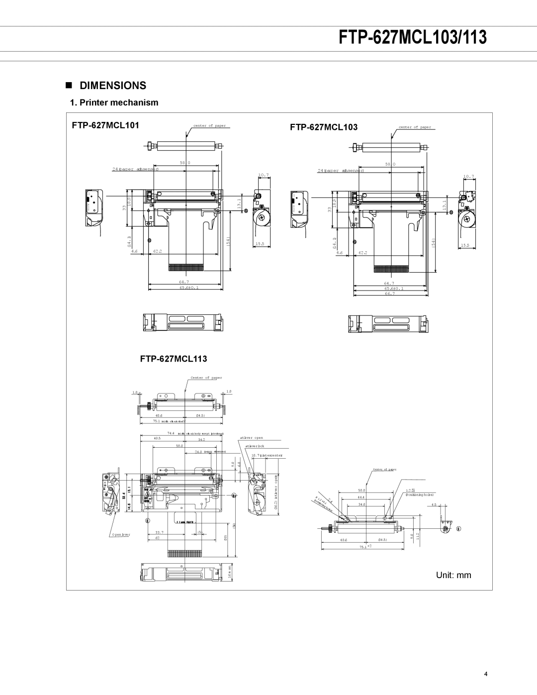 Fujitsu FTP-627MCL103 manual Dimensions, Printer mechanism FTP-627MCL101, FTP-627MCL113 