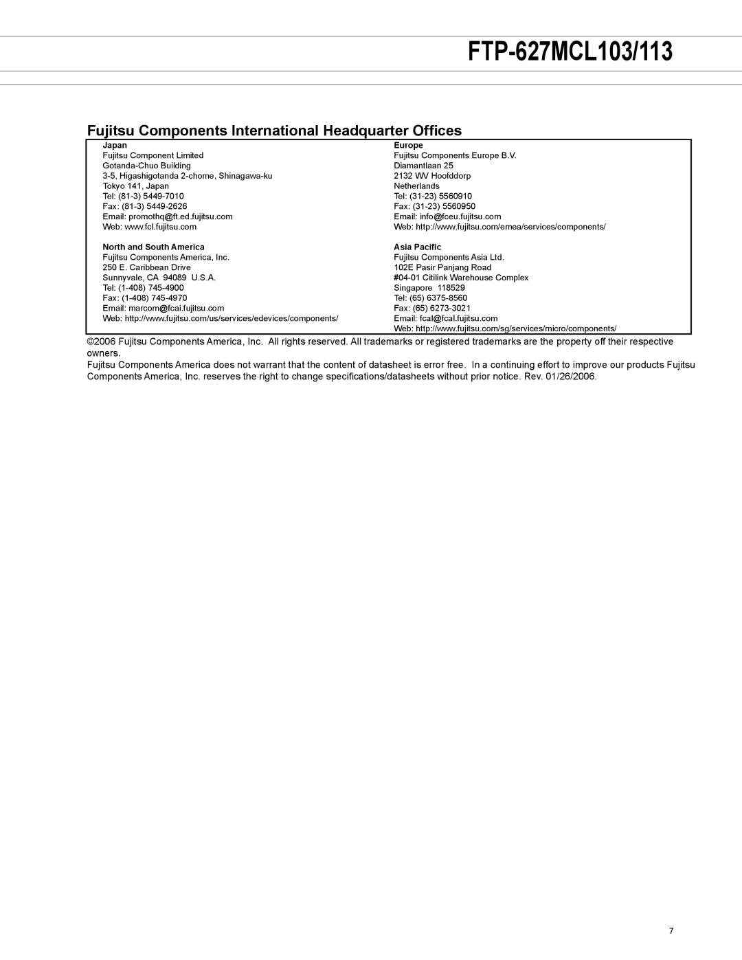 Fujitsu FTP-627MCL113, FTP-627MCL103 manual Fujitsu Components International Headquarter Offices, Japan Europe 