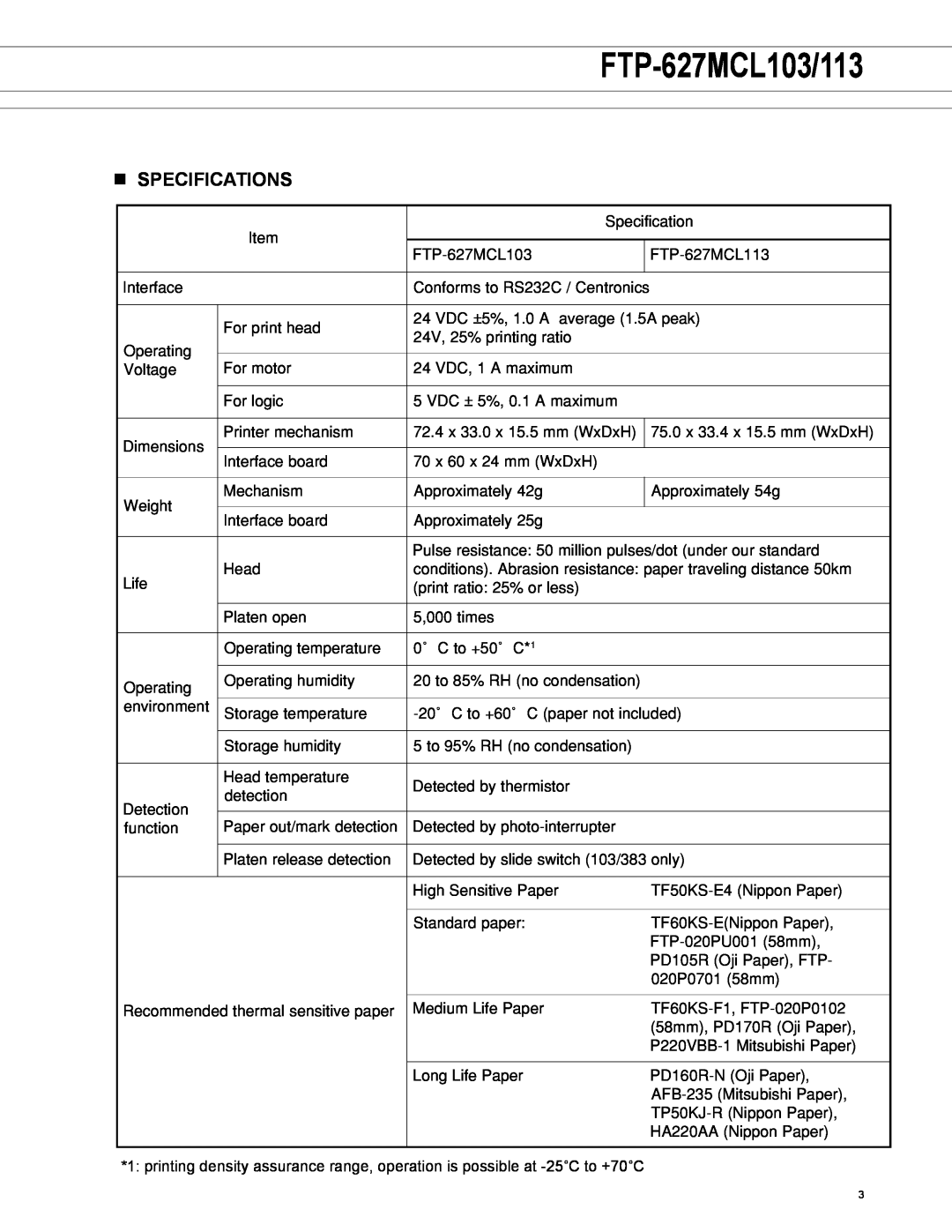 Fujitsu FTP-627MCL113 manual FTP-627MCL103/113, n SPECIFICATIONS 