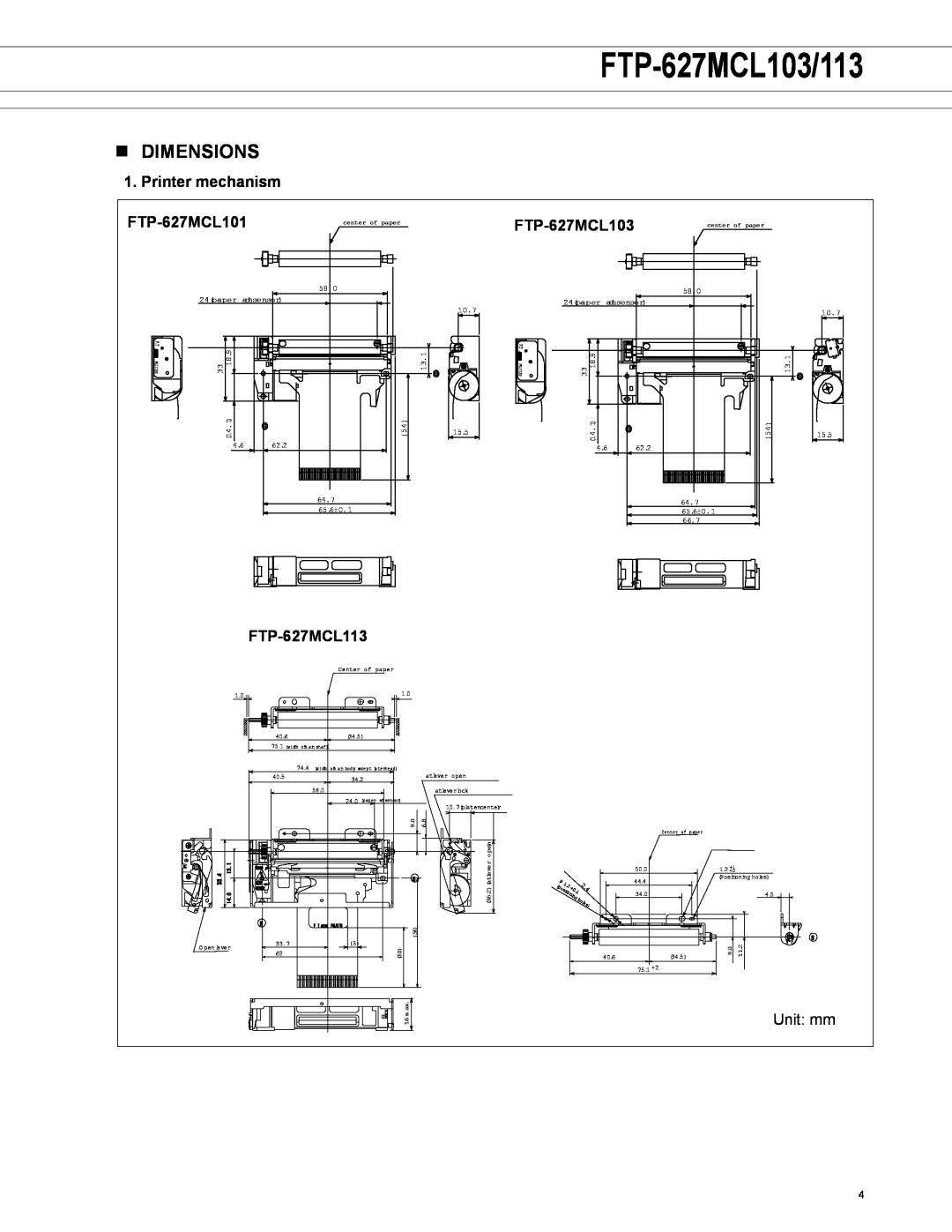 Fujitsu manual n dimensions, Printer mechanism, FTP-627MCL101, FTP-627MCL113, FTP-627MCL103/113 