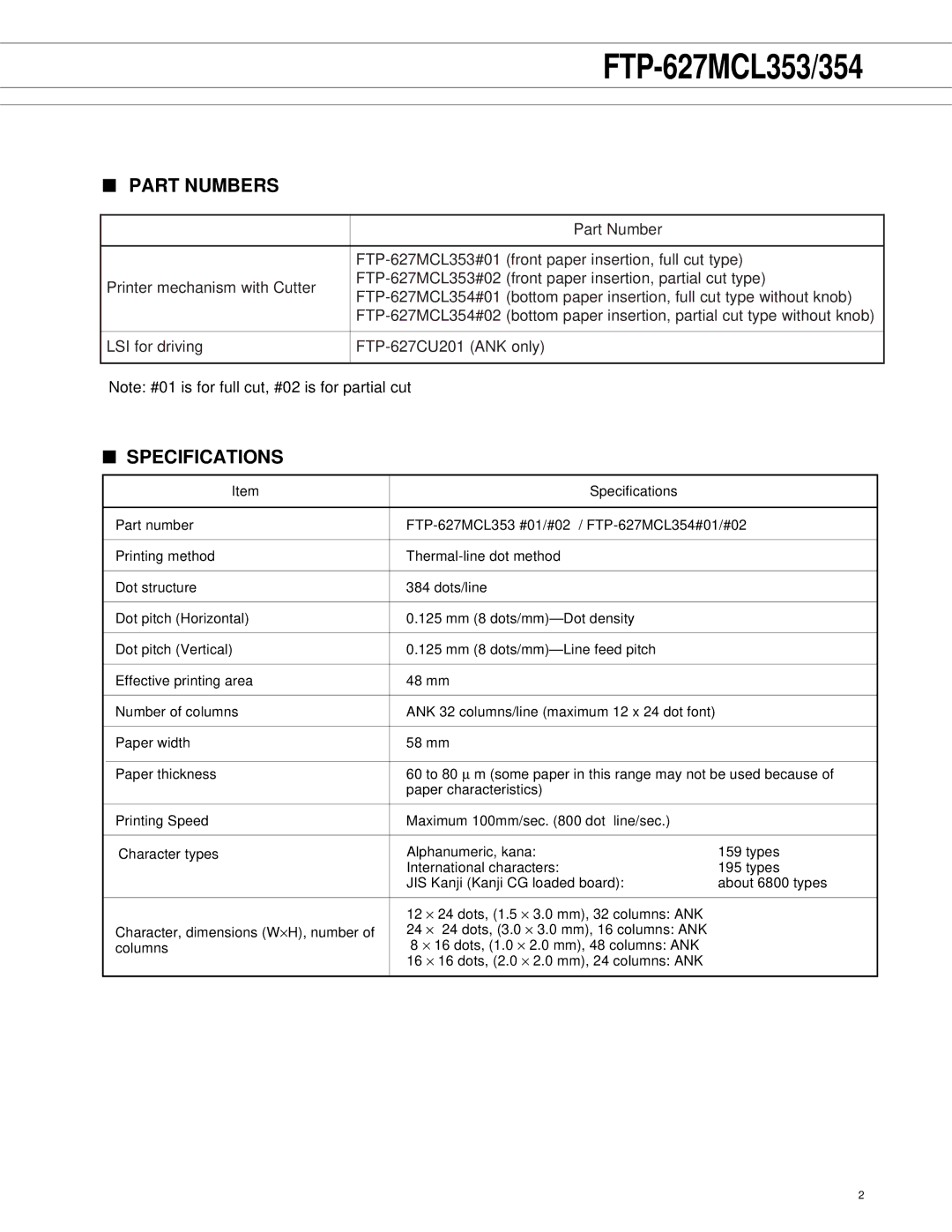 Fujitsu FTP-627MCL354 manual Part Numbers, Specifications, FTP-627MCL353#01 front paper insertion, full cut type 