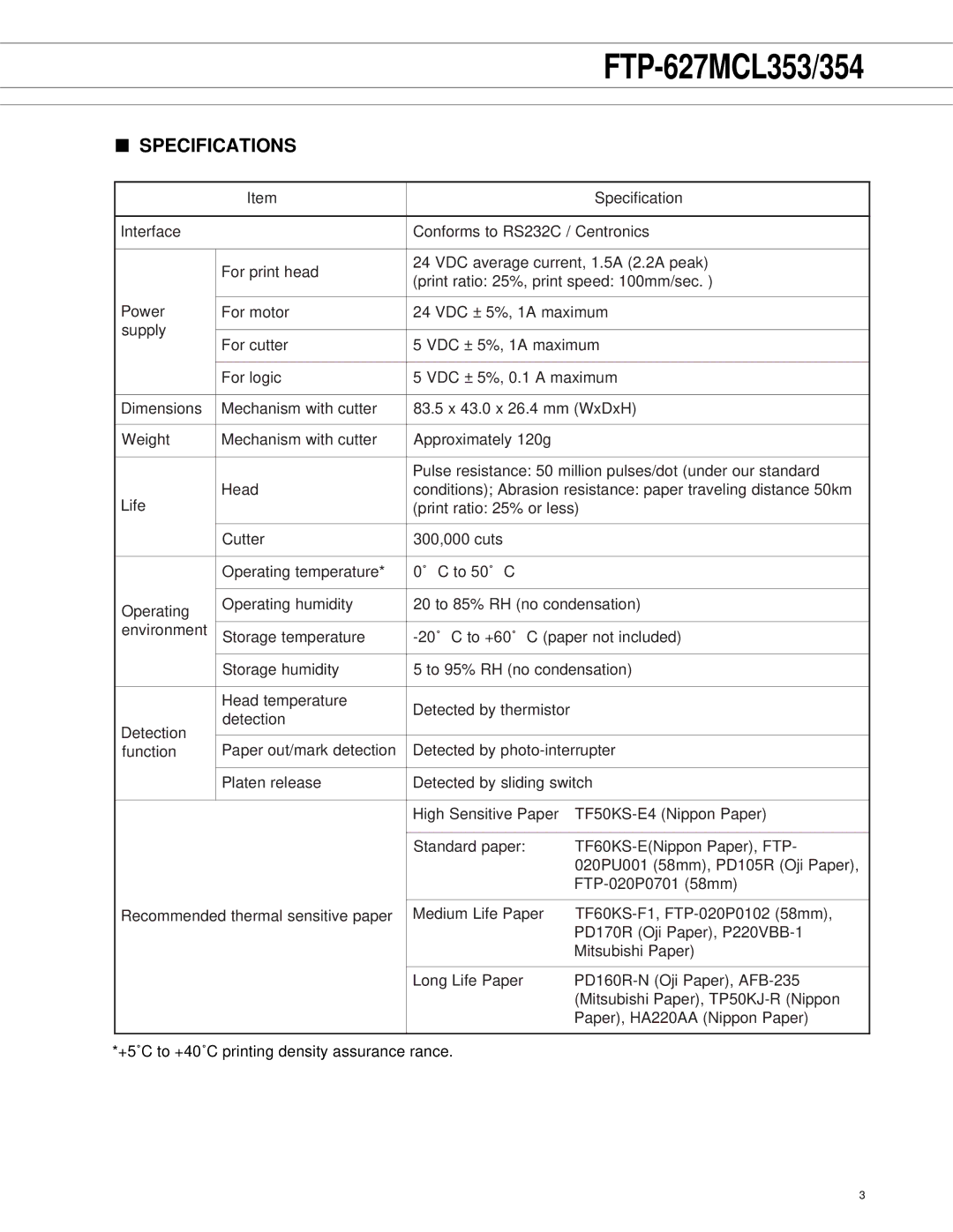 Fujitsu FTP-627MCL353, FTP-627MCL354 manual Specification 