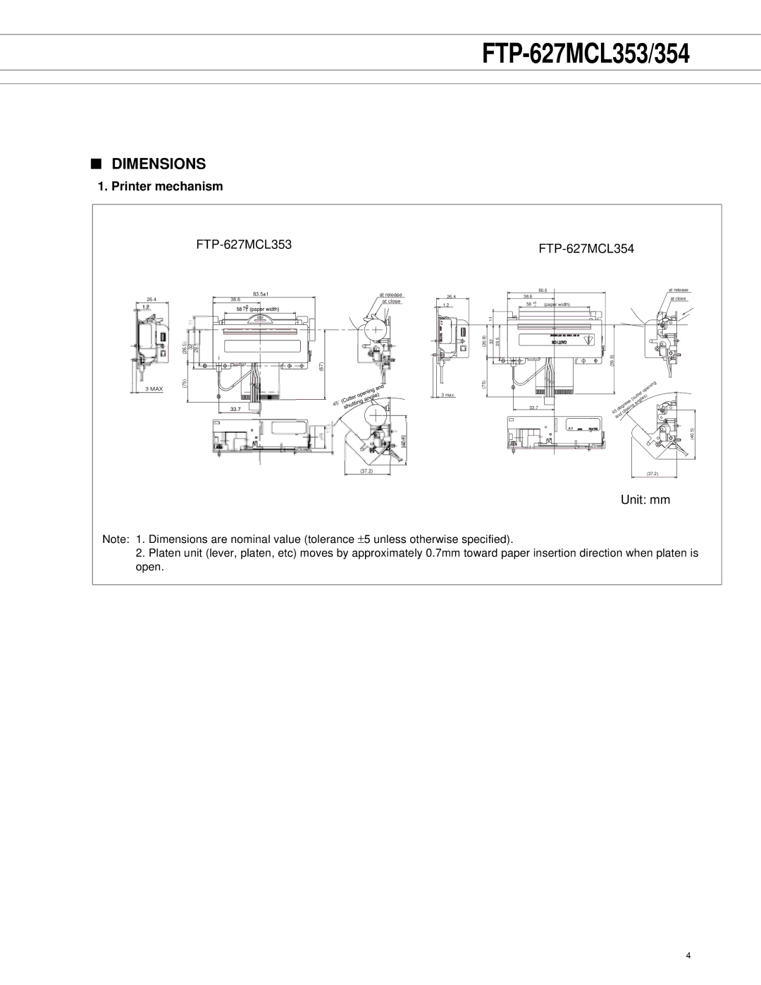 Fujitsu FTP-627MCL354 manual Dimensions, Printer mechanism, FTP-627MCL353, Unit mm 