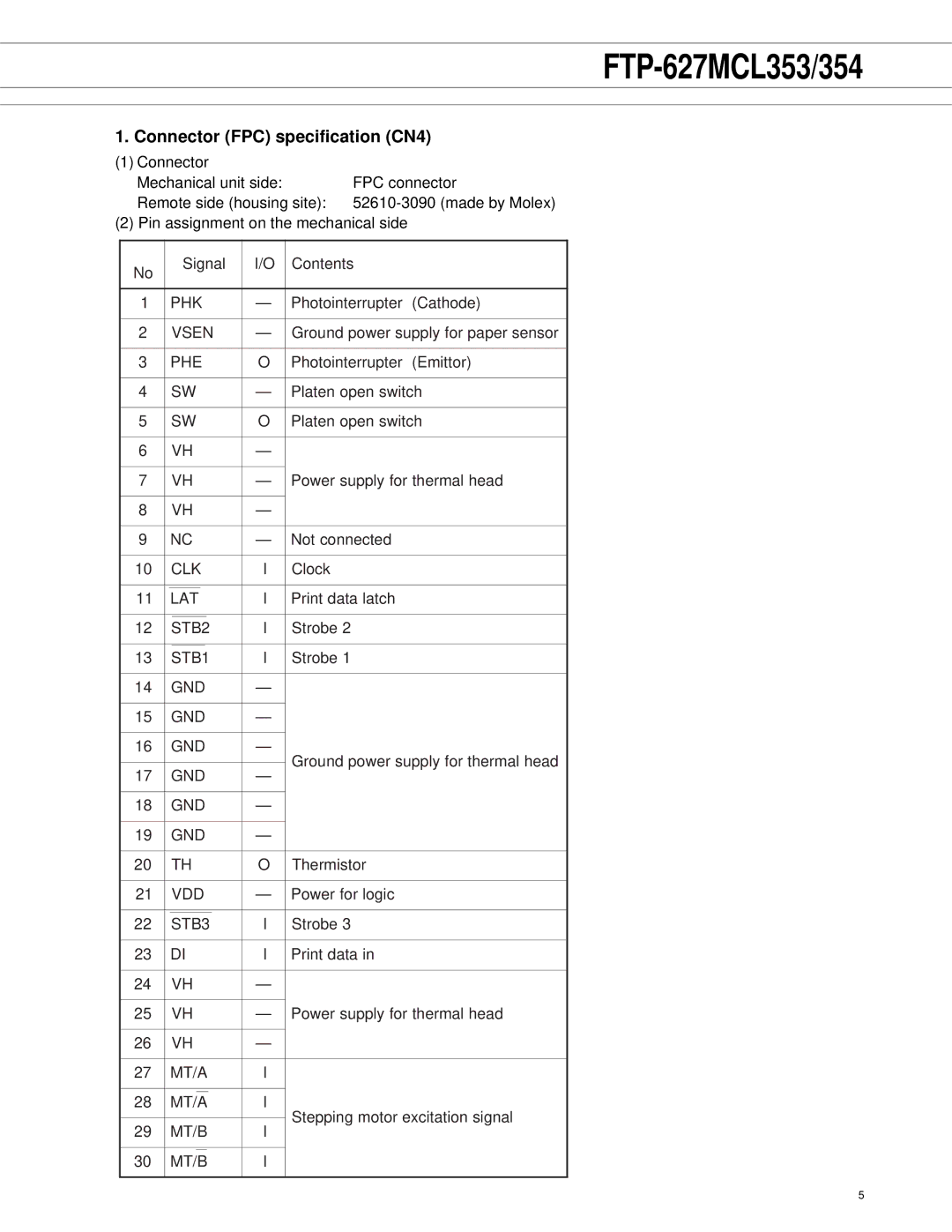 Fujitsu FTP-627MCL353, FTP-627MCL354 manual Connector FPC specification CN4 