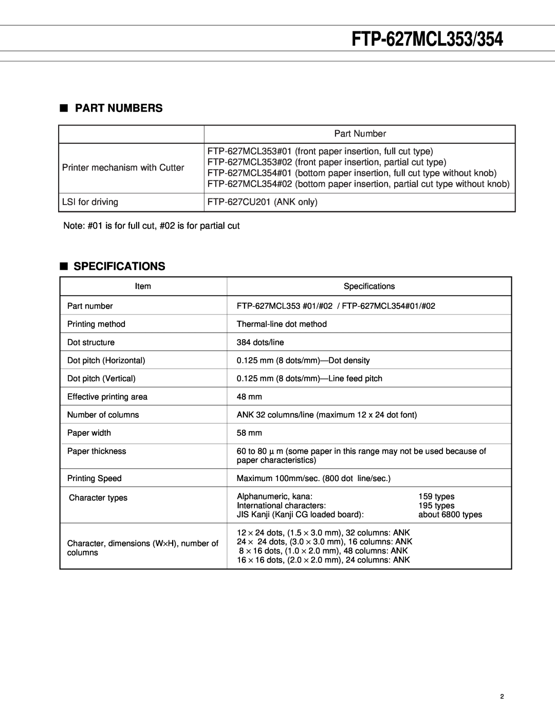 Fujitsu FTP-627MCL354 manual FTP-627MCL353/354, Part Numbers, Specifications 