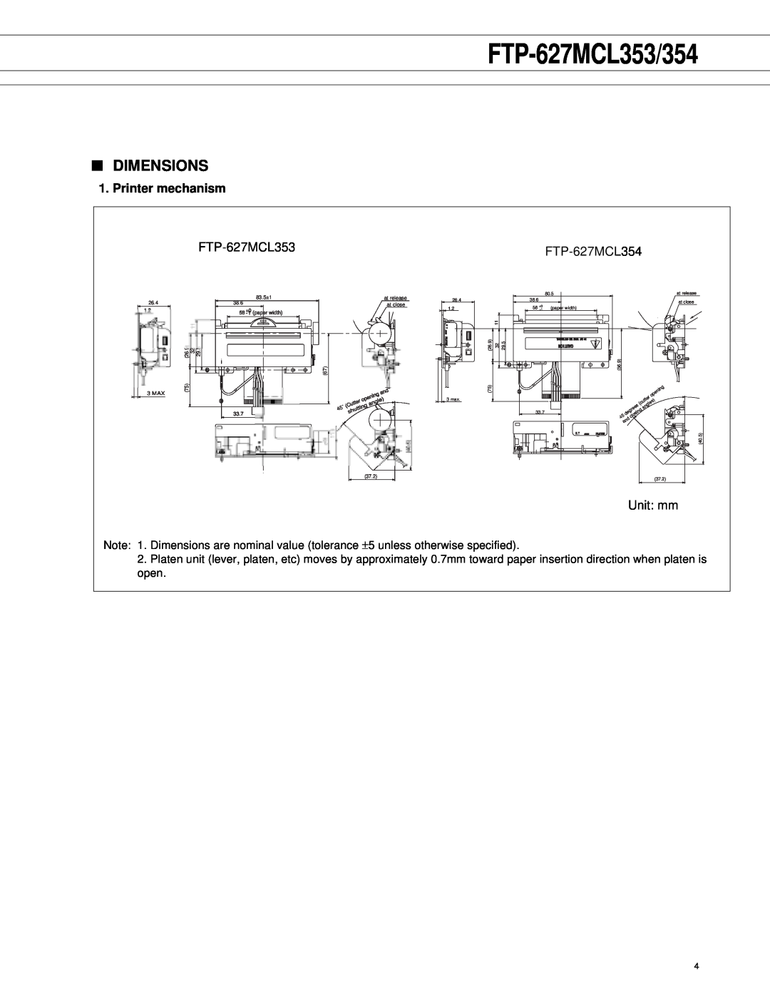 Fujitsu FTP-627MCL354 manual Dimensions, Printer mechanism, FTP-627MCL353/354 