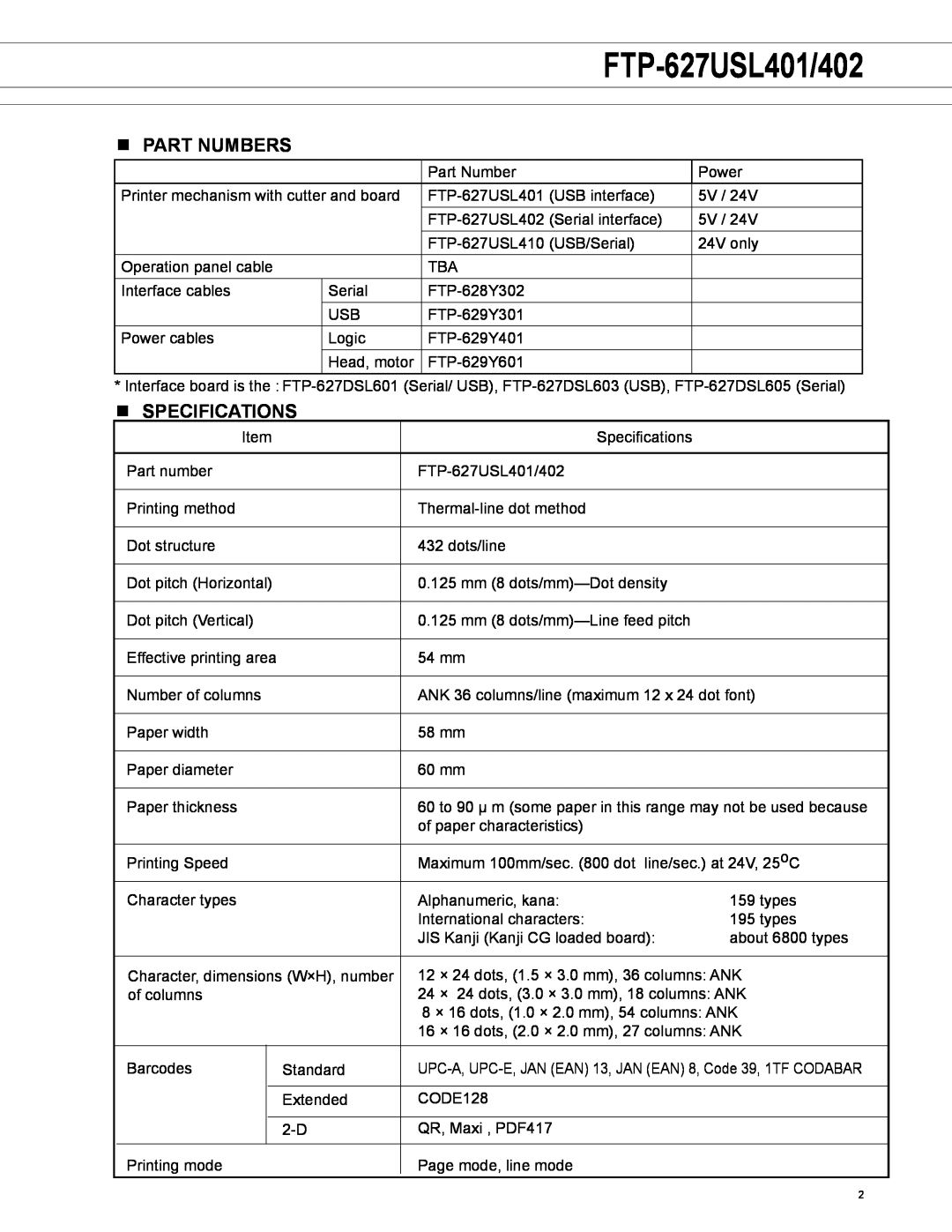 Fujitsu FTP-627USL402 manual FTP-627USL401/402, n Part numbers, n SPECIFICATIONS 