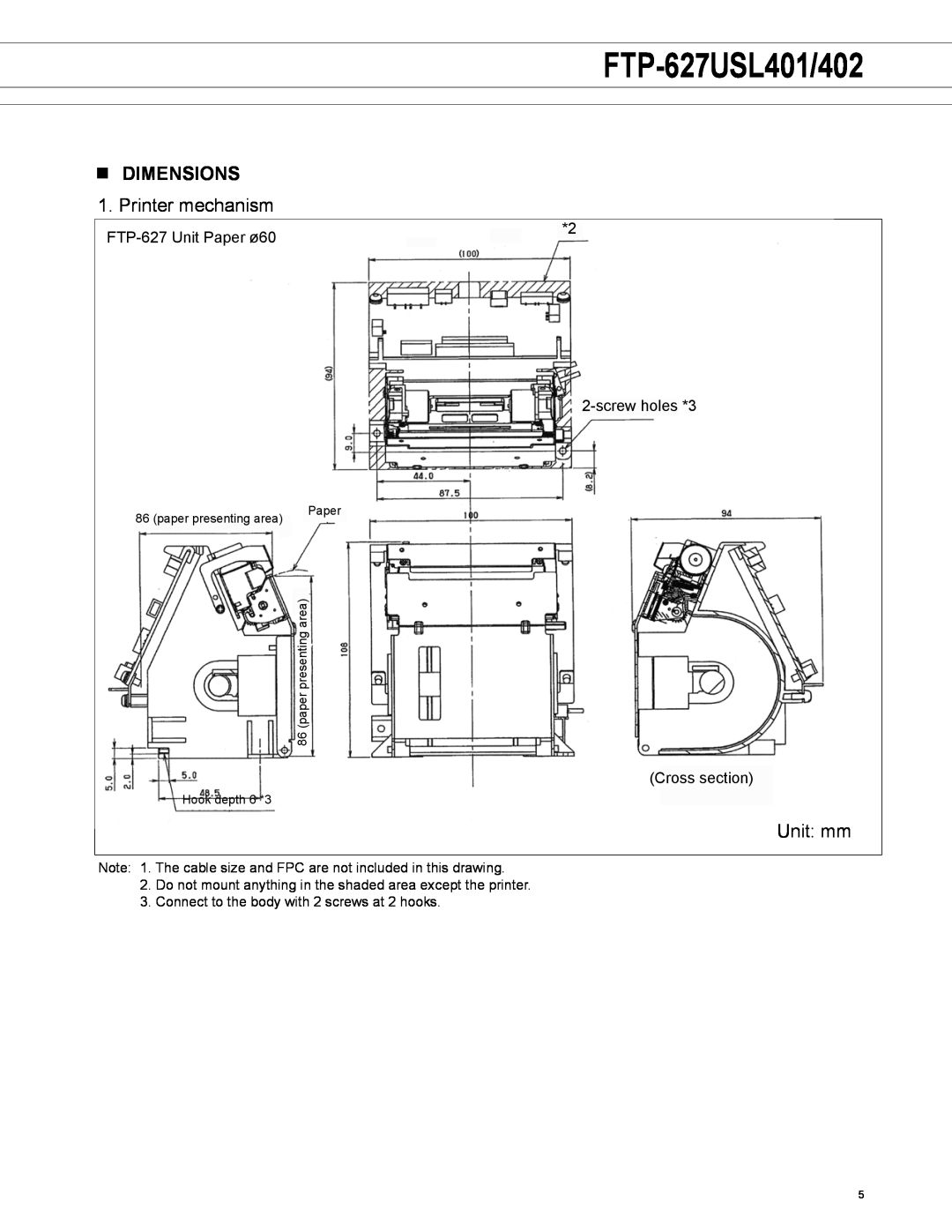 Fujitsu FTP-627USL402 manual n dimensions, FTP-627USL401/402, Printer mechanism, Unit mm, paper presenting area, Paper 