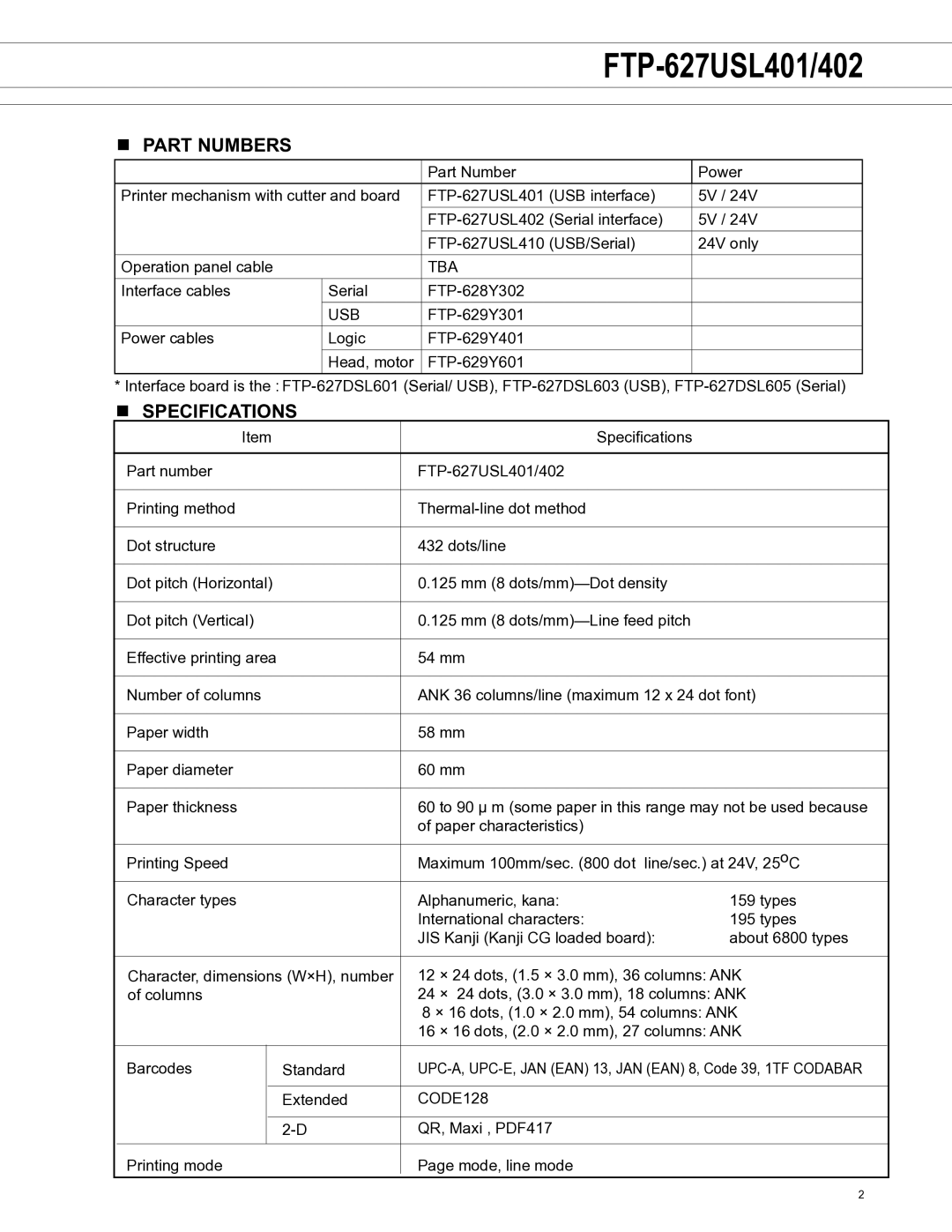 Fujitsu FTP-627USL401, FTP-627USL402 manual Part numbers, Specifications, Tba, Usb, CODE128 