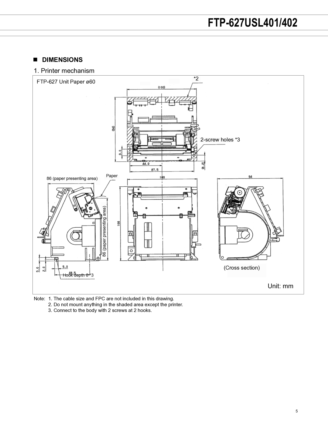 Fujitsu FTP-627USL402, FTP-627USL401 manual Dimensions, Unit mm 