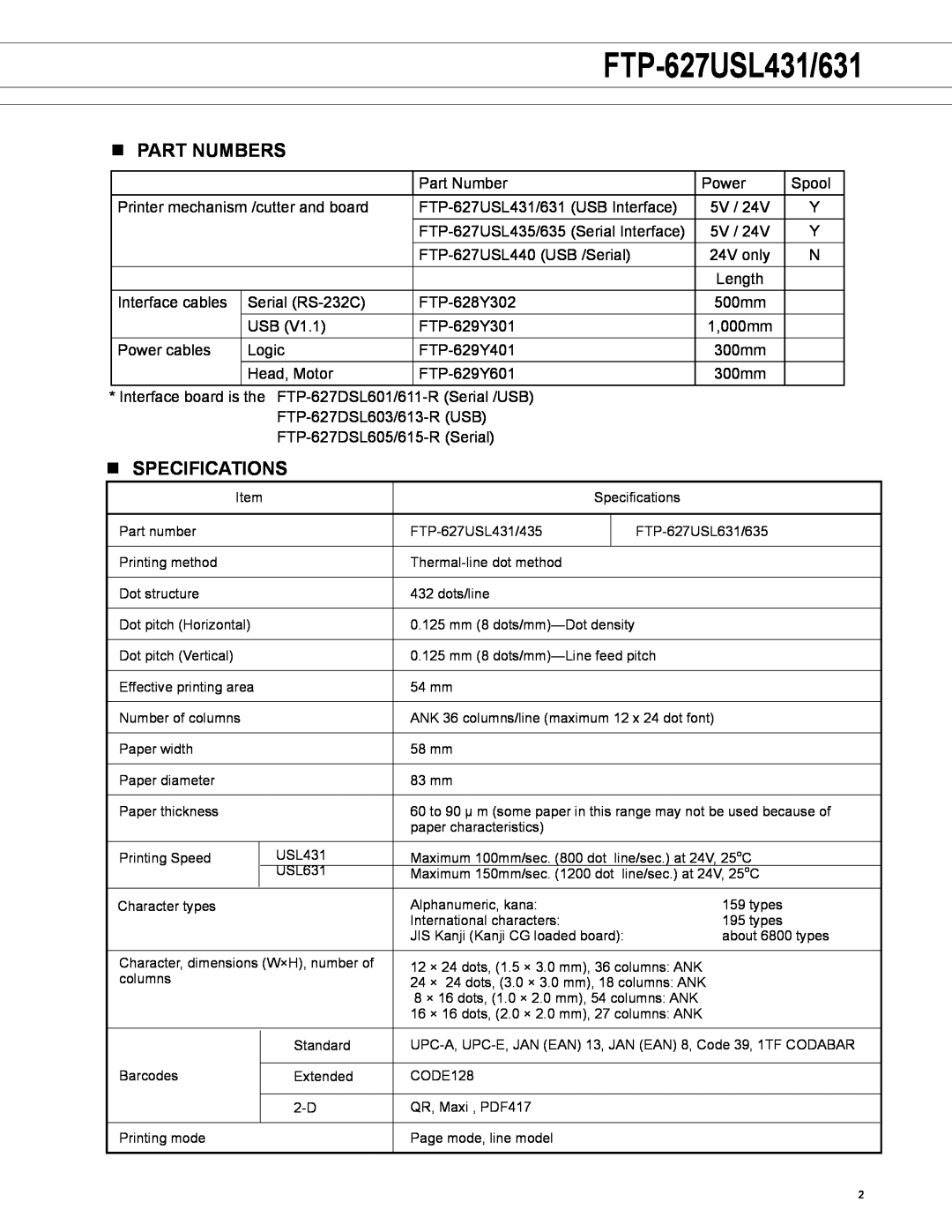 Fujitsu FTP-627USL631 manual FTP-627USL431/631, n Part numbers, n SPECIFICATIONS 