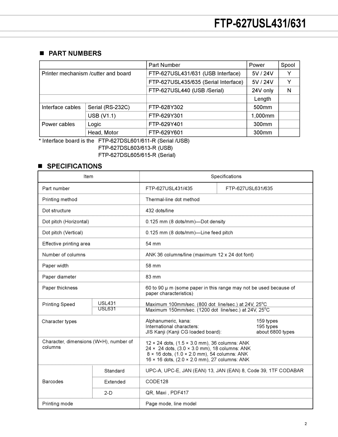 Fujitsu FTP-627USL431, FTP-627USL631 manual Part numbers, Specifications 