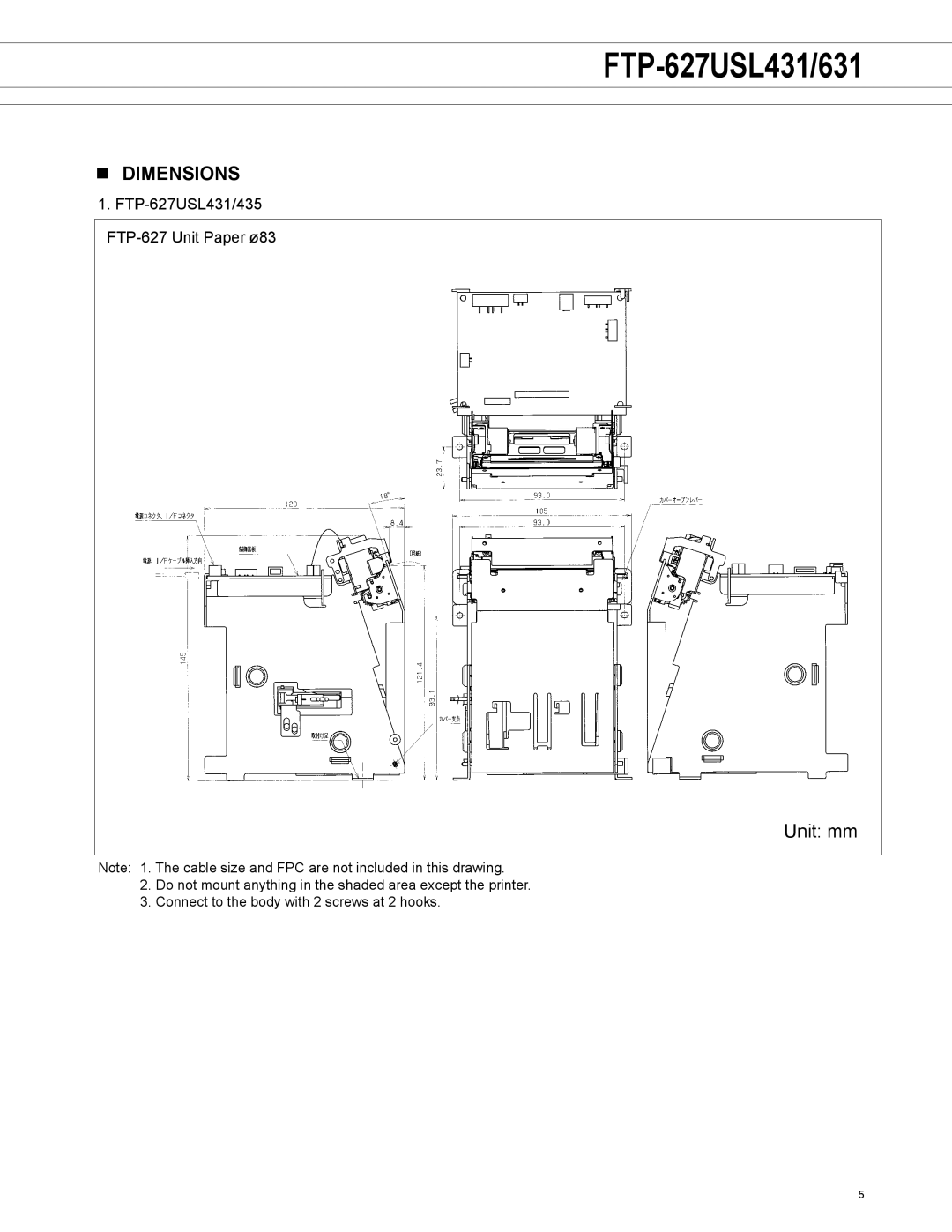 Fujitsu FTP-627USL631, FTP-627USL431 manual Dimensions, Unit mm 