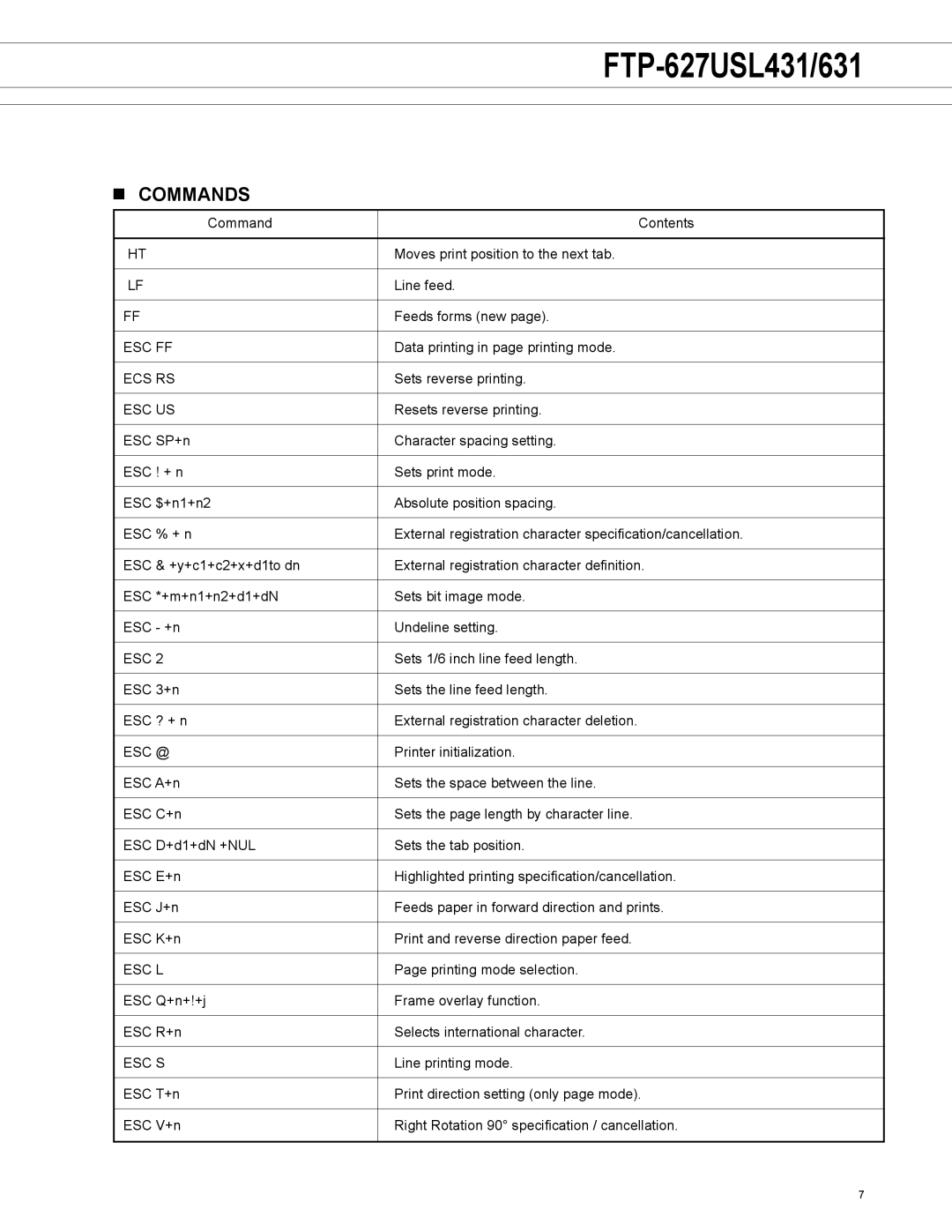 Fujitsu FTP-627USL631, FTP-627USL431 manual Commands, Esc Us 