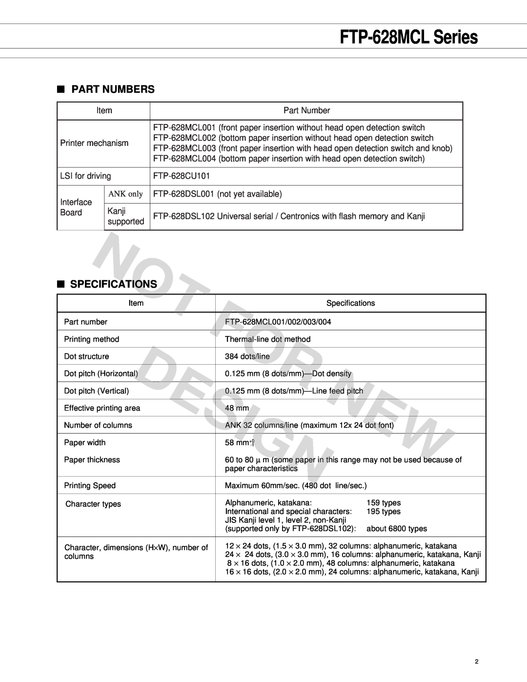 Fujitsu FTP-628 Series manual FTP-628MCL Series, Part Numbers, Specifications, Design 