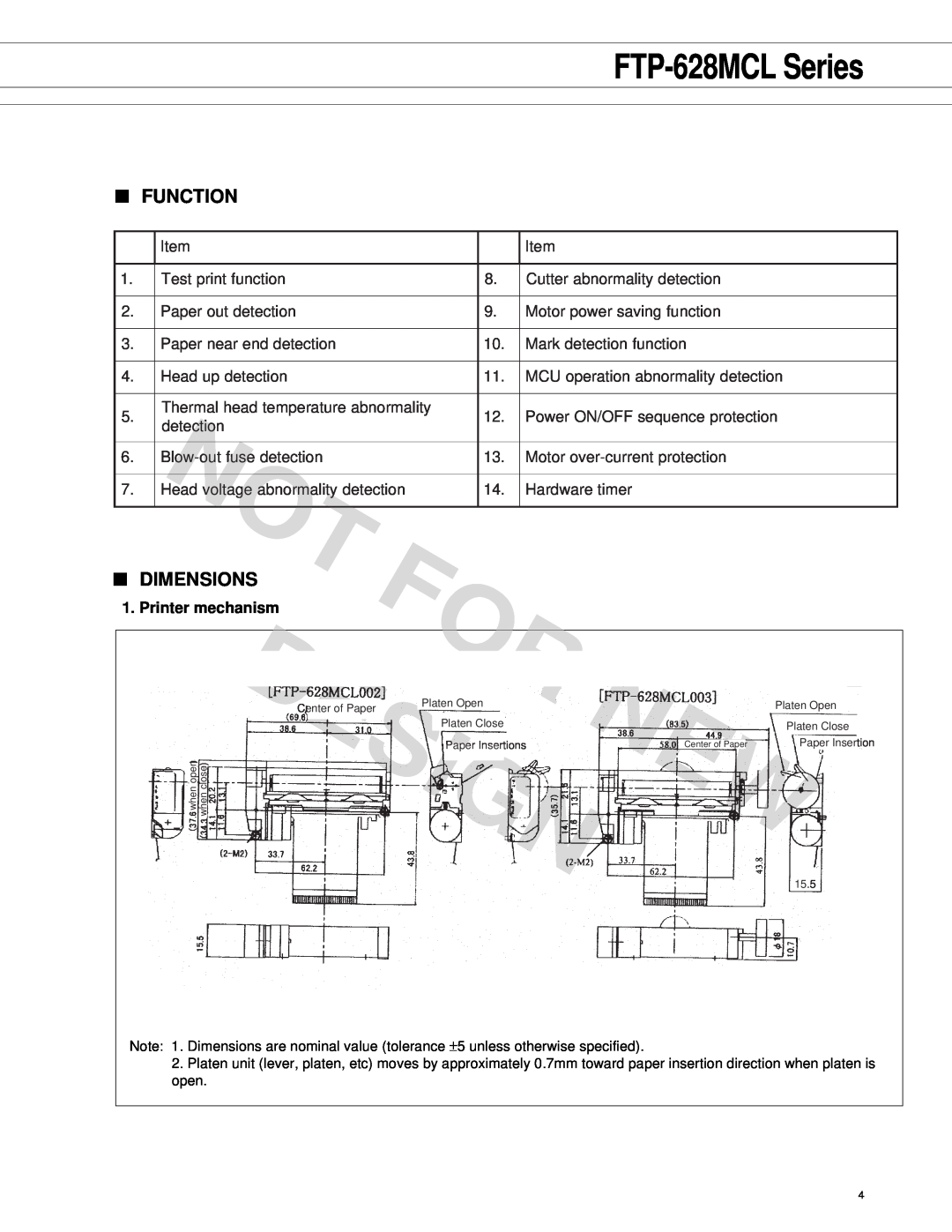 Fujitsu FTP-628 Series manual Function, Dimensions, Printer mechanism, Design, FTP-628MCL Series 