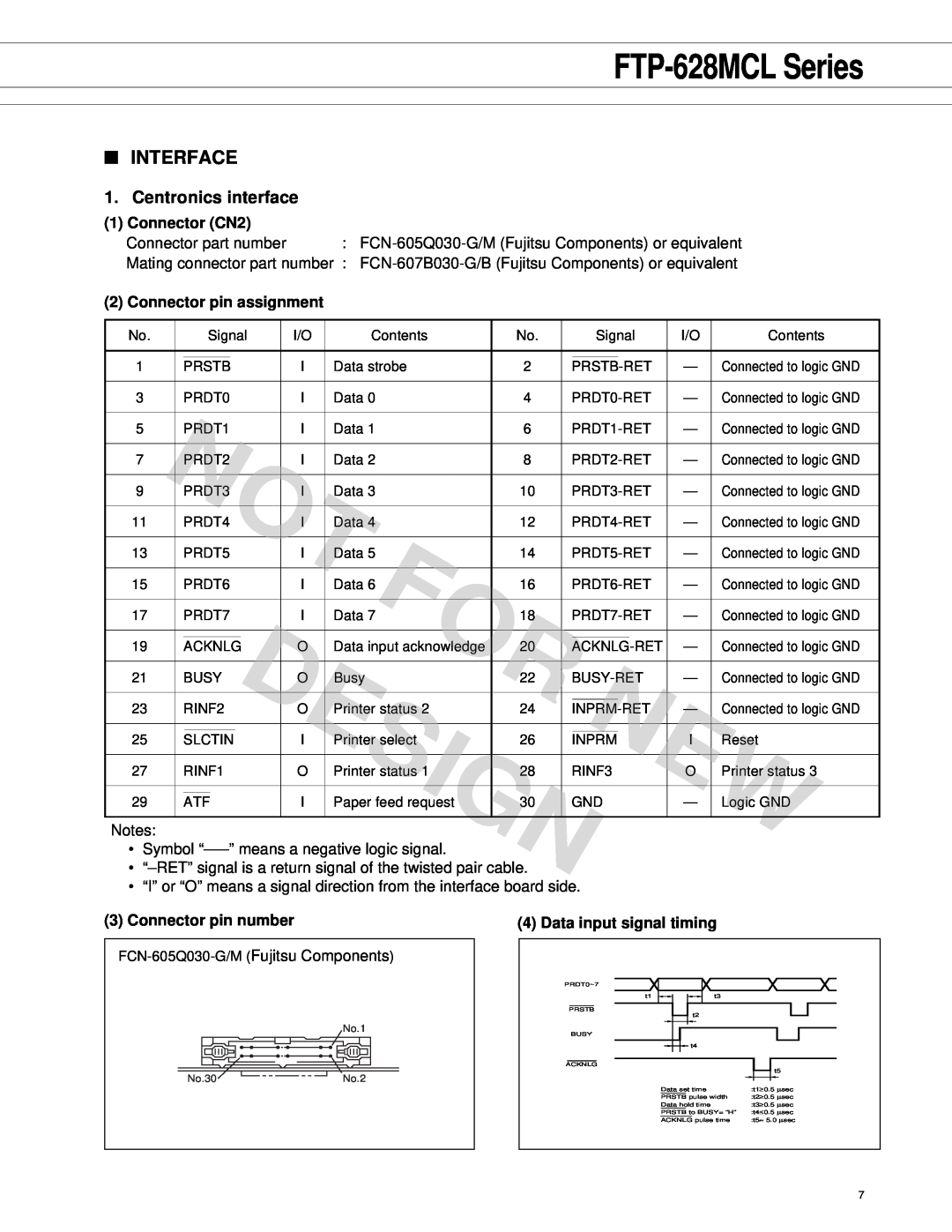 Fujitsu FTP-628 Series Interface, Centronics interface, Connector CN2, Connector pin assignment, Connector pin number 