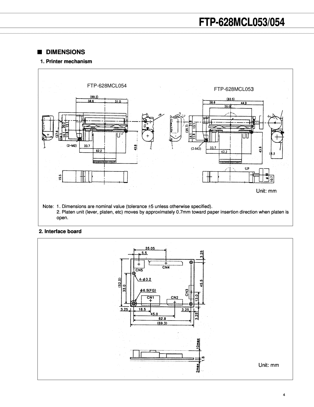 Fujitsu FTP-628MCL054 manual Dimensions, FTP-628MCL053/054, Printer mechanism, Interface board 