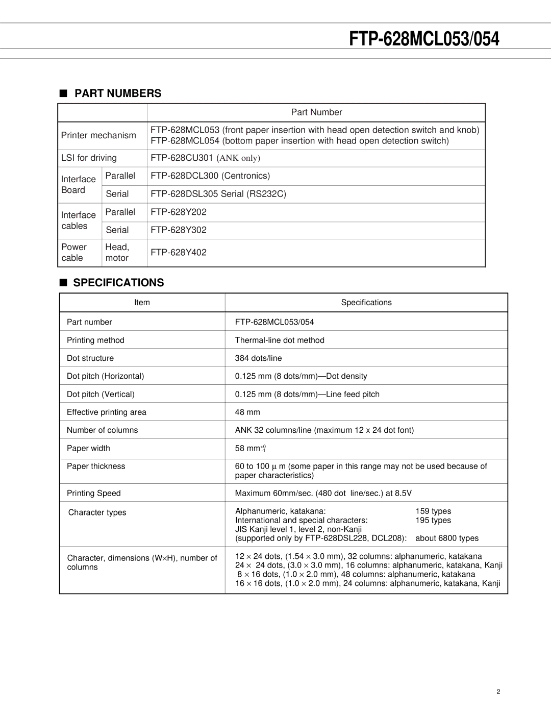 Fujitsu FTP-628MCL053, FTP-628MCL054 manual Part Numbers, Specifications 