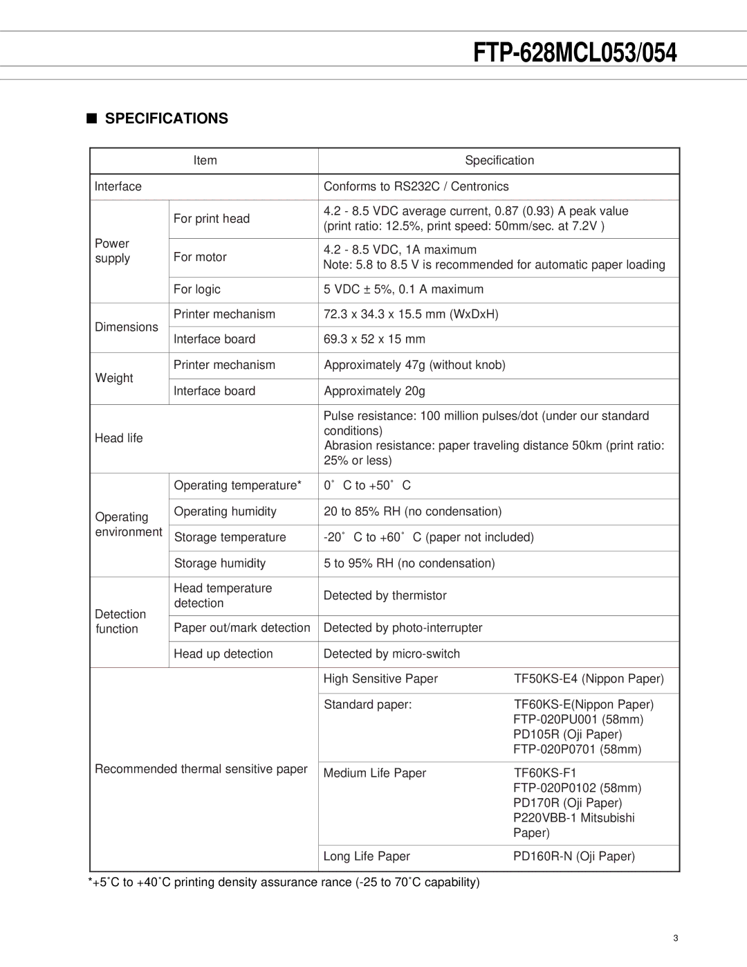 Fujitsu FTP-628MCL054, FTP-628MCL053 manual Specification 