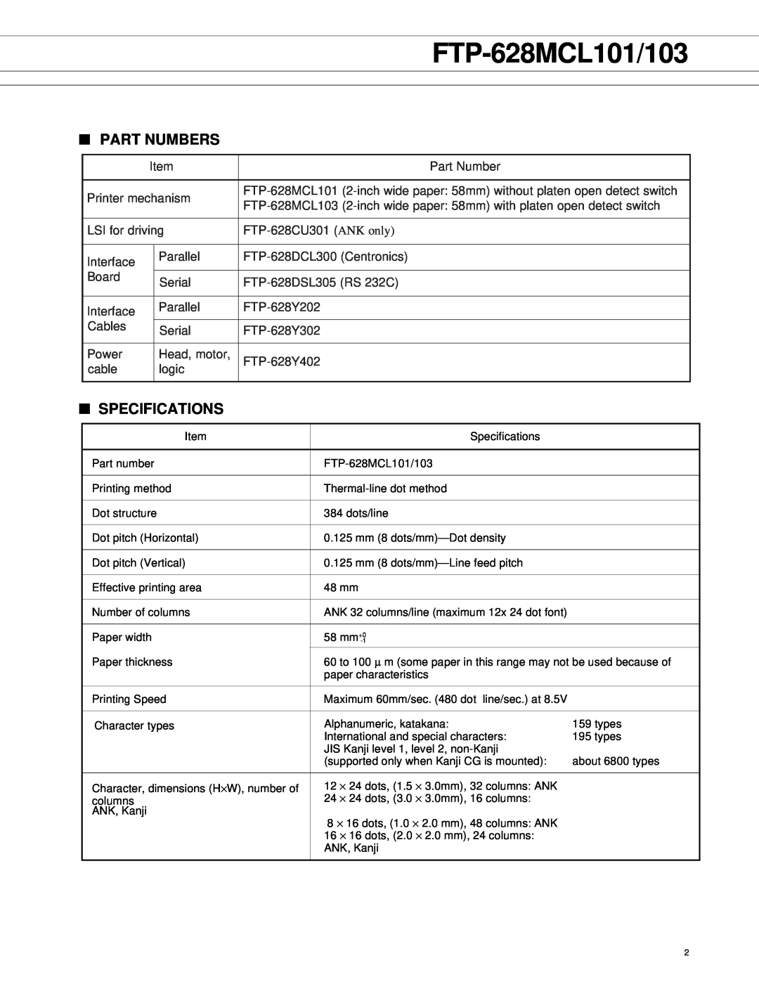 Fujitsu FTP-628MCL103 manual FTP-628MCL101/103, Part Numbers, Specifications 