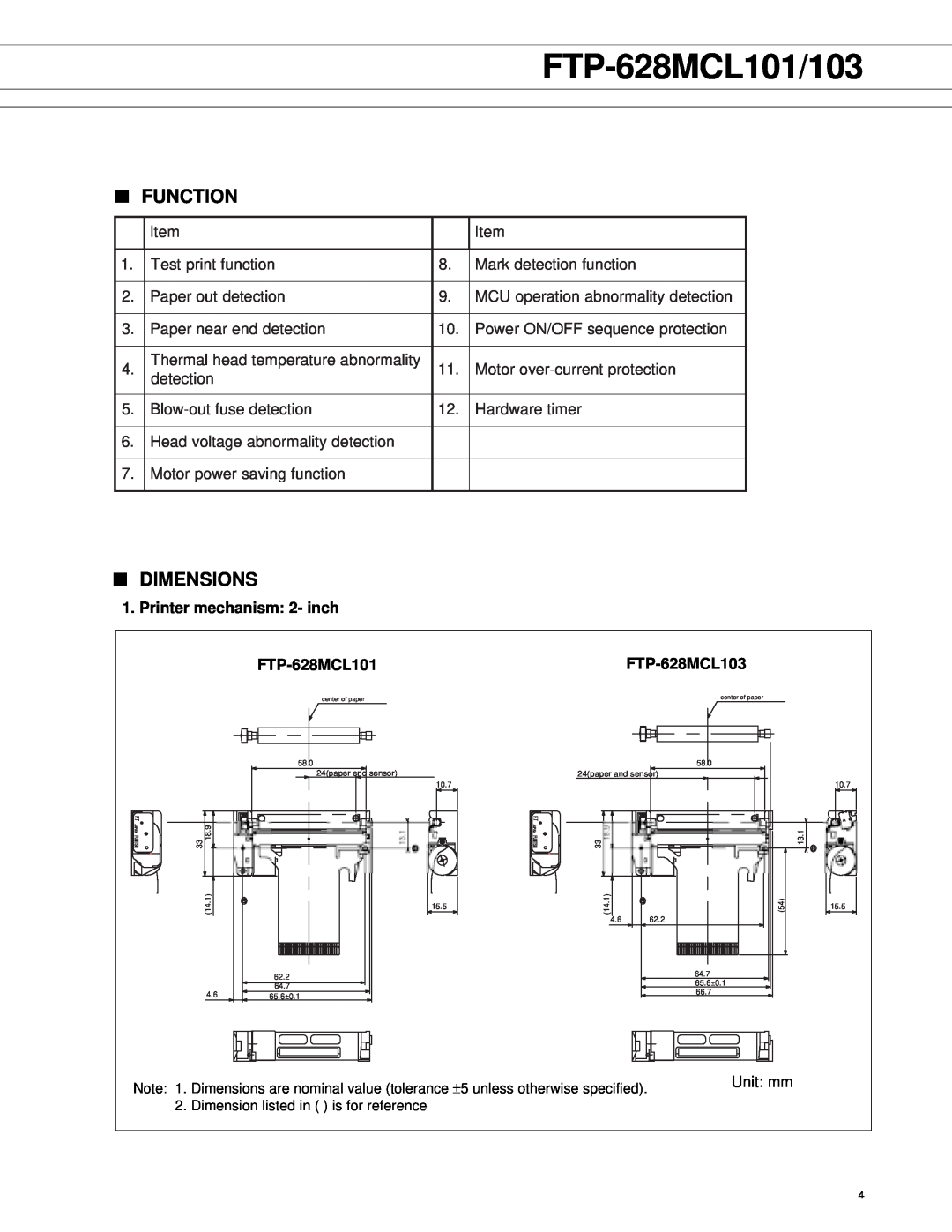 Fujitsu FTP-628MCL103 manual Function, Dimensions, Printer mechanism 2- inch, FTP-628MCL101/103 