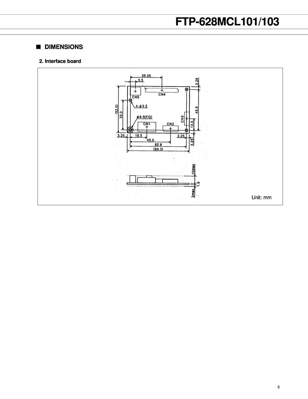 Fujitsu FTP-628MCL103 manual Interface board, FTP-628MCL101/103, Dimensions 