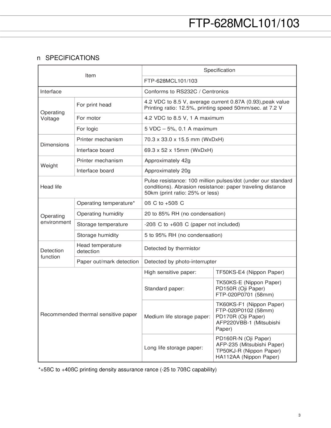 Fujitsu FTP-628MCL101, FTP-628MCL103 manual Specification 